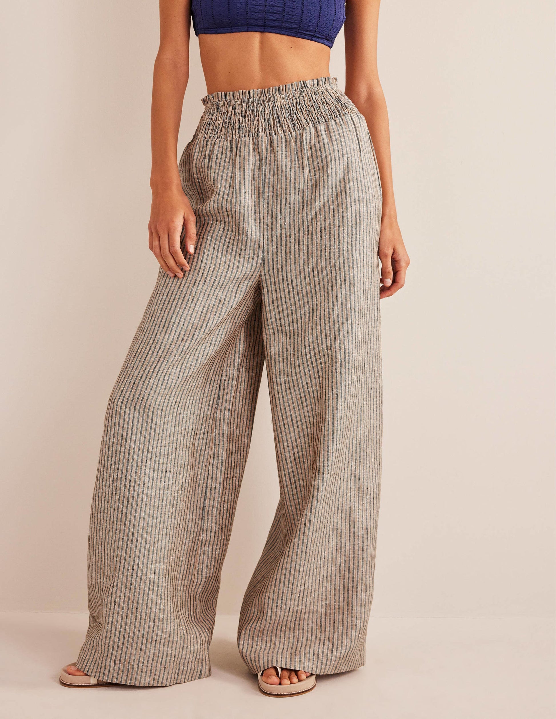 Linen Shirred Waist Trousers-Camel and Black Lurex Stripe-4