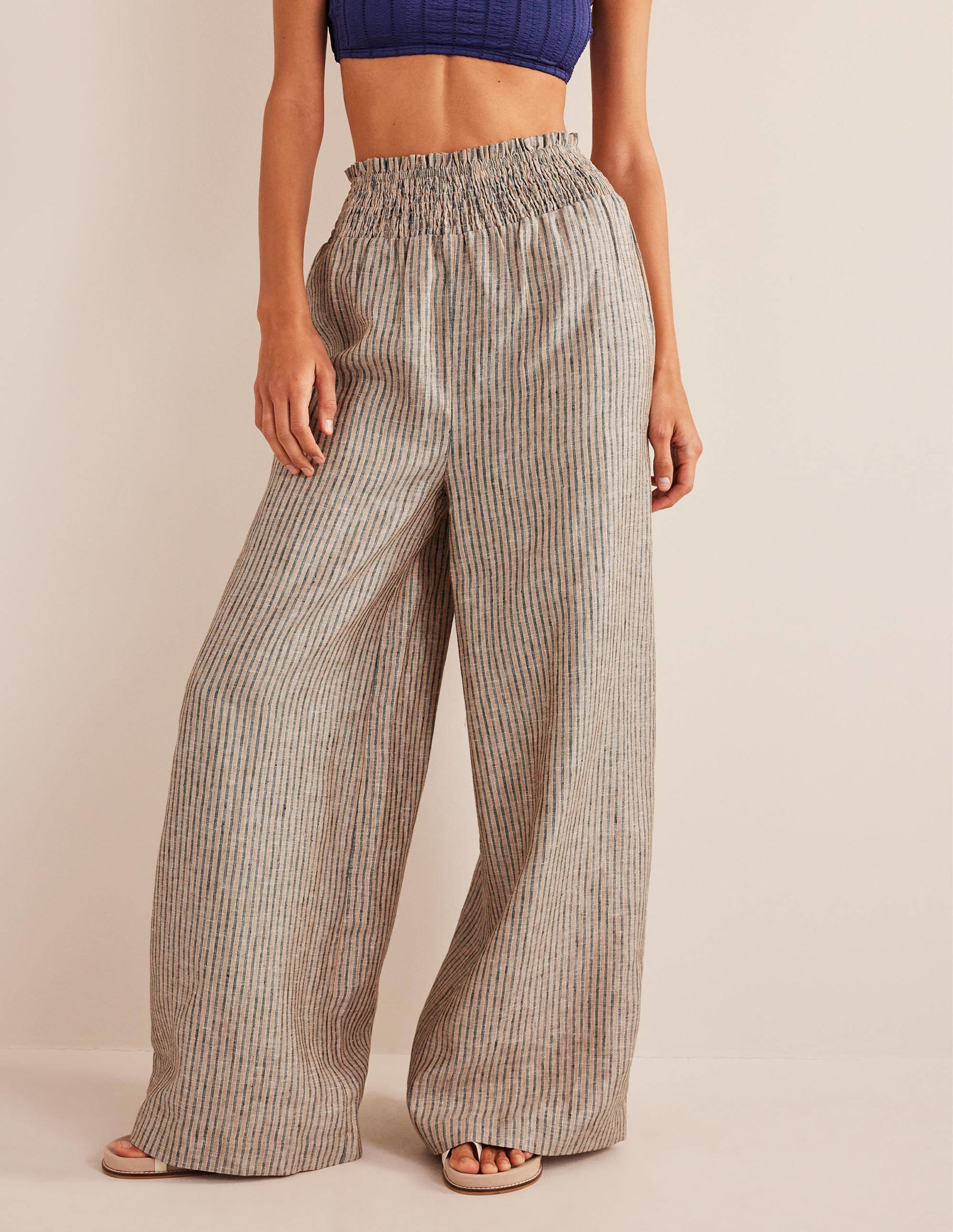 Linen Shirred Waist Trousers-Camel and Black Lurex Stripe - Image 4