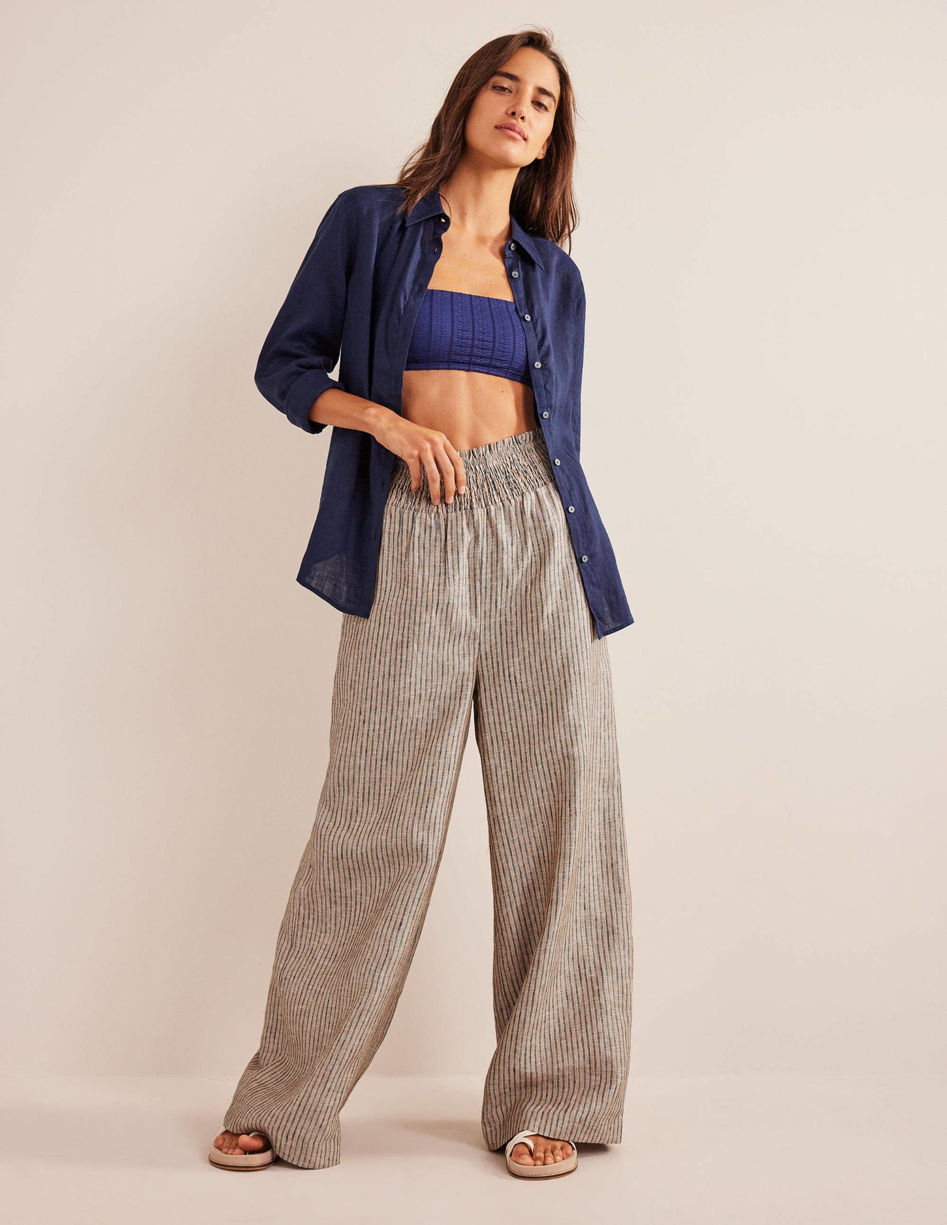 Linen Shirred Waist Trousers-Camel and Black Lurex Stripe-5