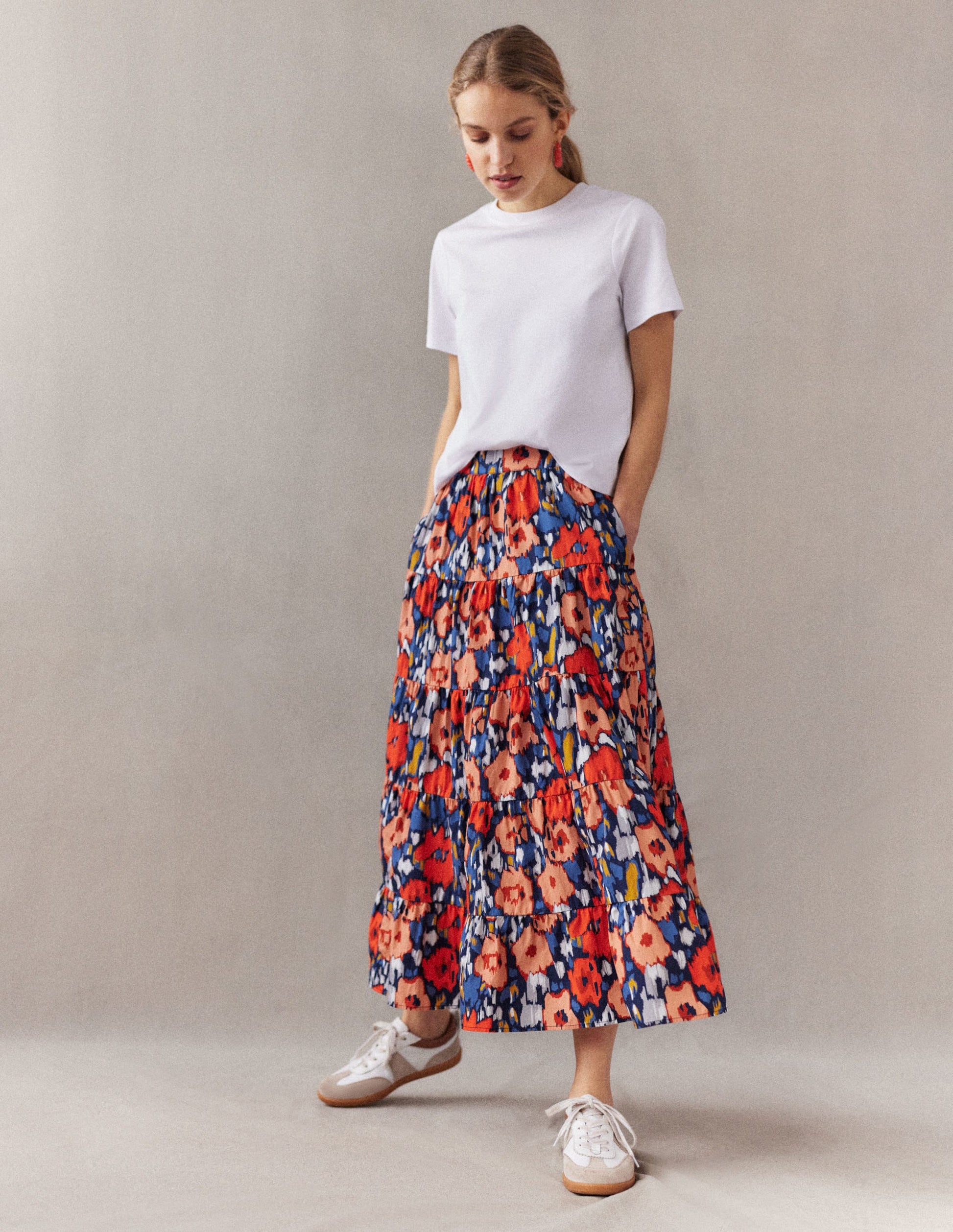 Tiered Poplin Midi Skirt-Navy, Abstract Poppy Large-6