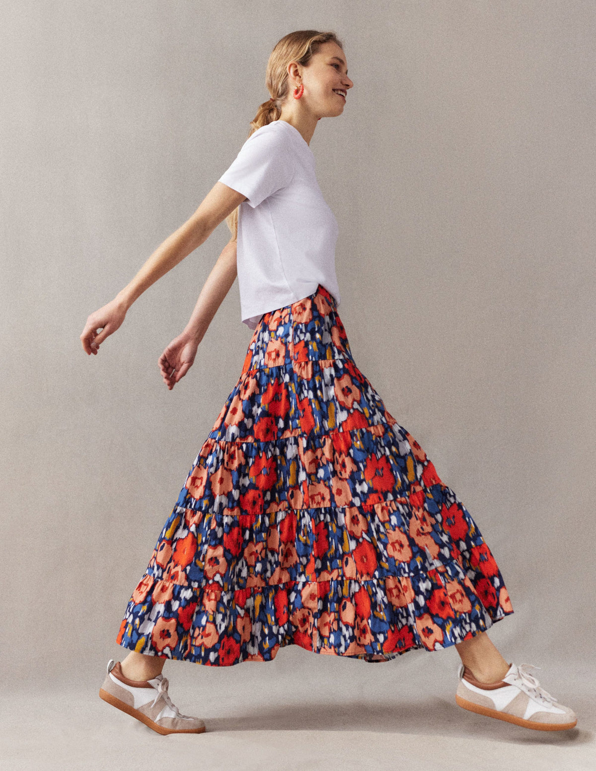 Tiered Poplin Midi Skirt-Navy, Abstract Poppy Large - Image 9