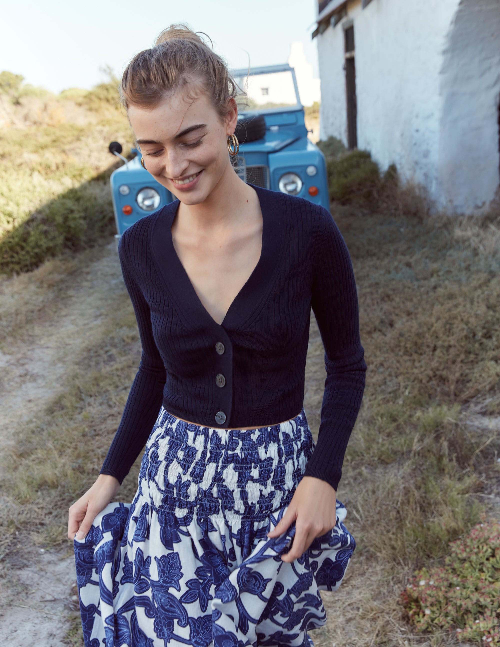 Shirred Waist Linen Midi Skirt-Blue Ribbon, Paisley Whirl - Image 7