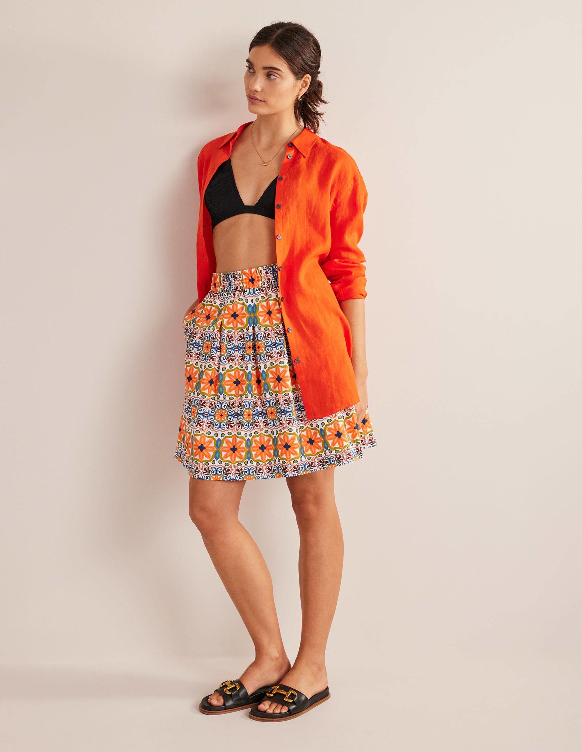 Pleated Cotton Skirt-Multi, Tapestry Stripe - Image 1