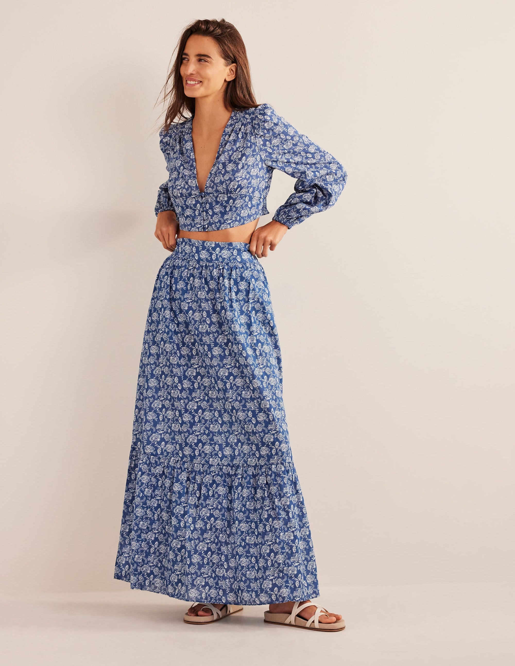 Tiered Cotton Maxi Skirt-True Blue, Linear Bloom - Image 1