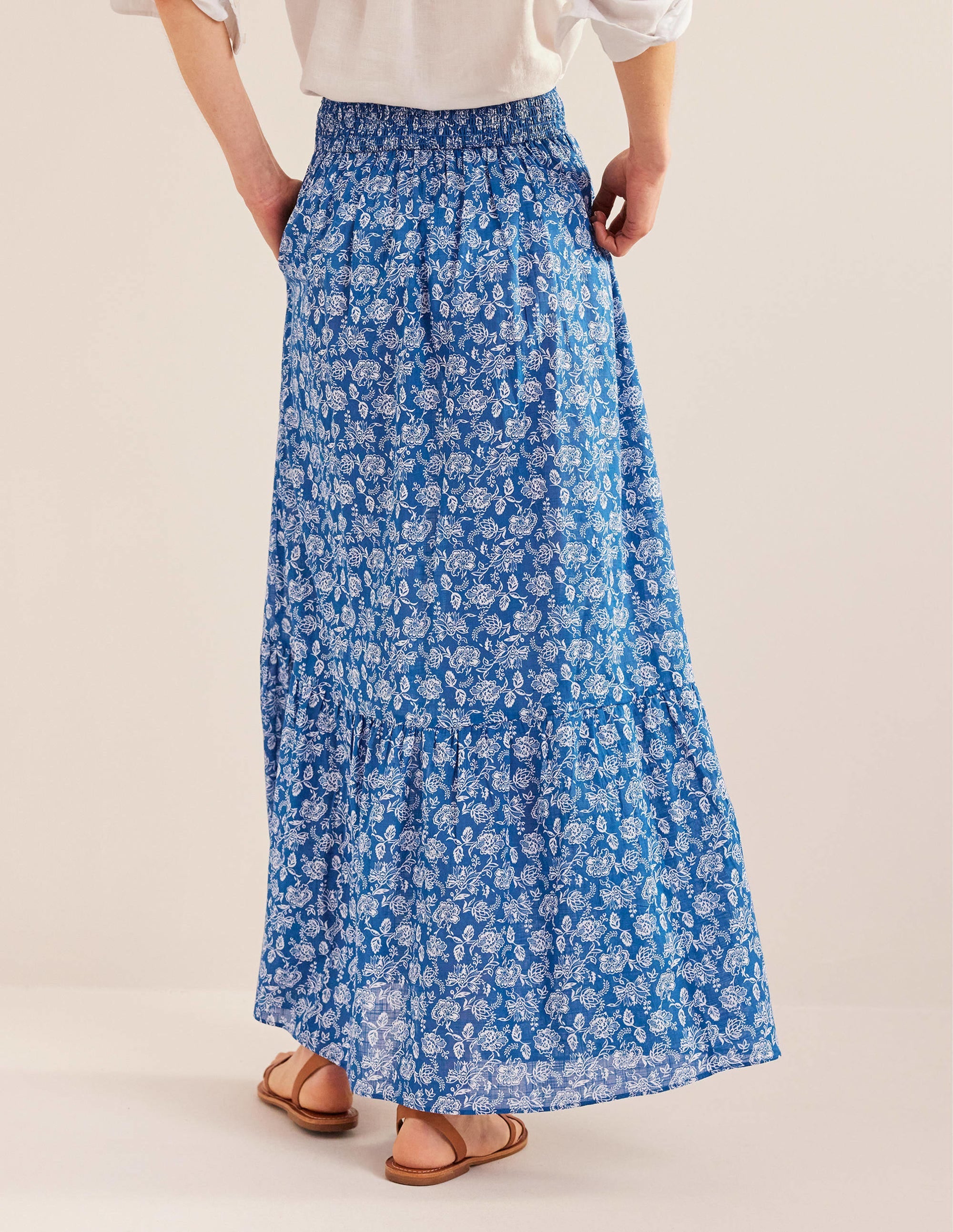Tiered Cotton Maxi Skirt-True Blue, Linear Bloom - Image 3