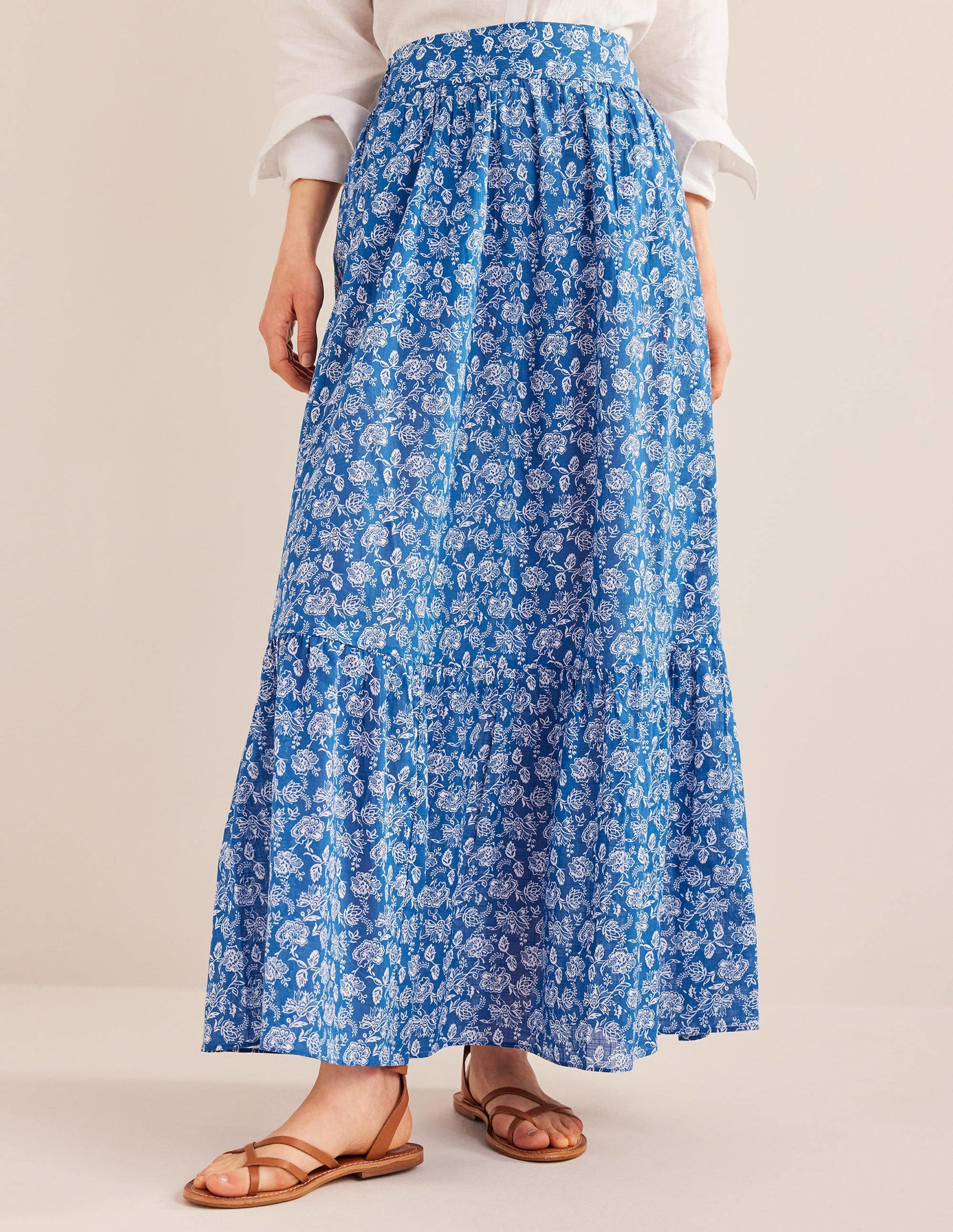 Tiered Cotton Maxi Skirt-True Blue, Linear Bloom-4