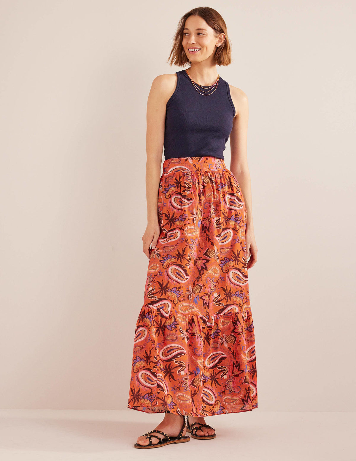 Tiered Cotton Maxi Skirt-Coral, Paradise Paisley - Image 1
