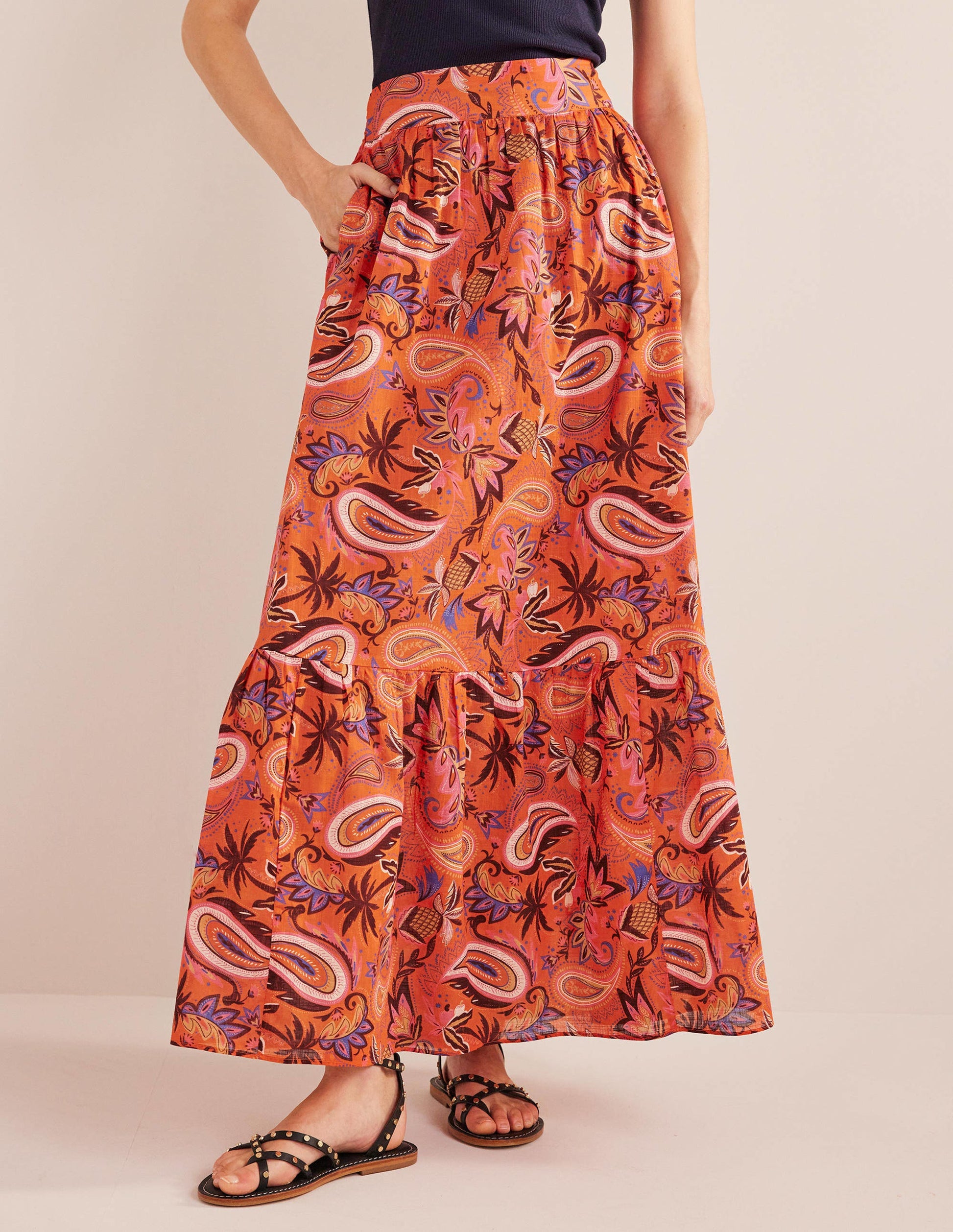 Tiered Cotton Maxi Skirt-Coral, Paradise Paisley-4