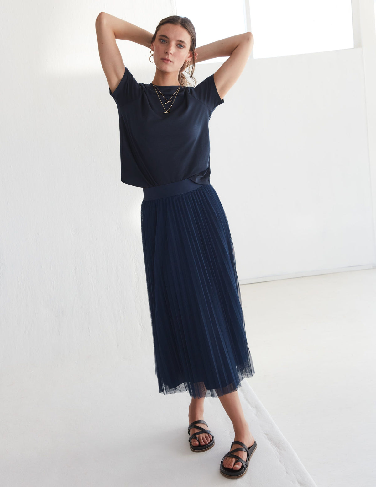 Pleated Tulle Skirt-Navy-5