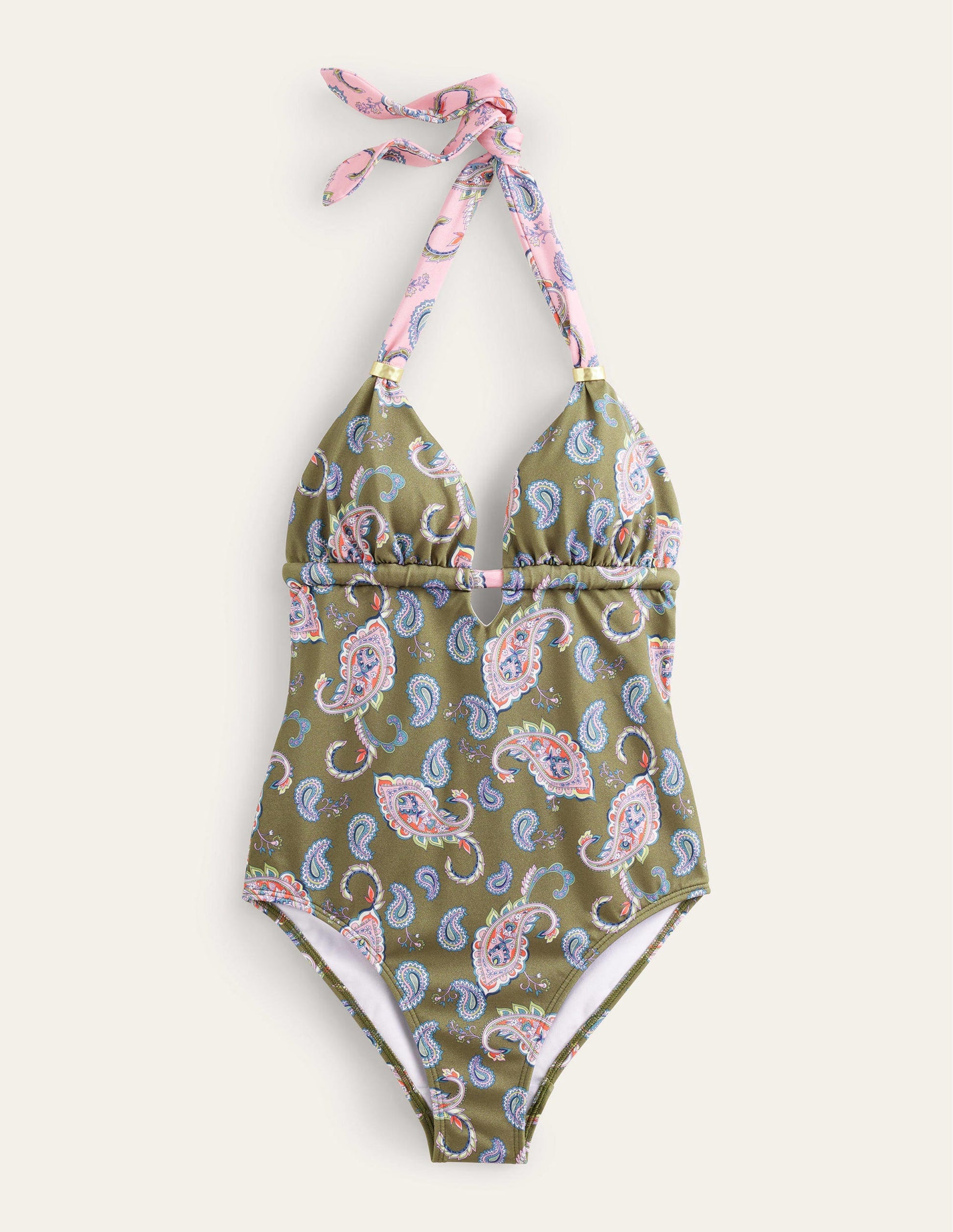 Beaded Gather Halter Swimsuit-Basil, Paisley Pome-5
