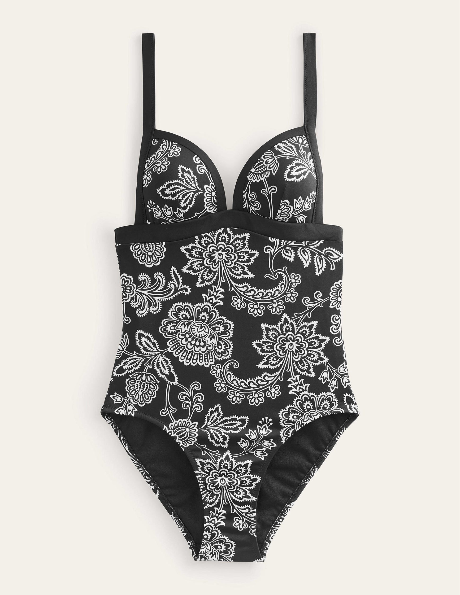 Triangle Panelled Swimsuit-Black, White Floral-5