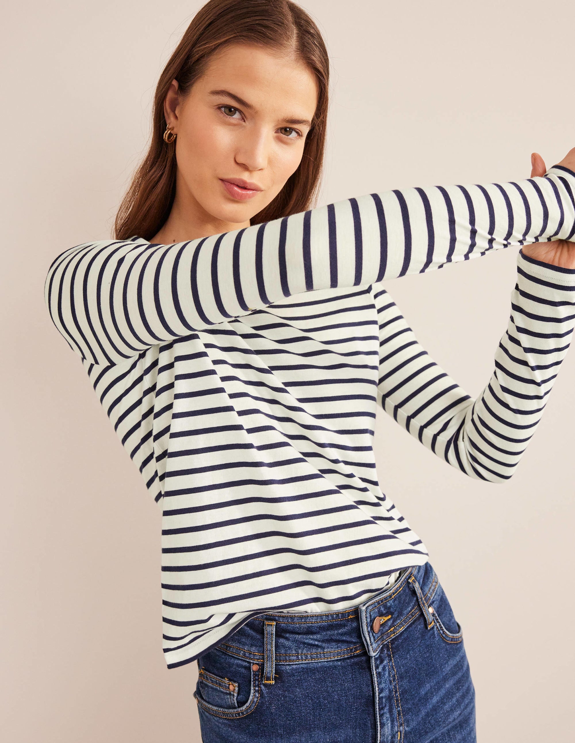 Bea Long Sleeve Breton-Ivory, Navy - Image 1