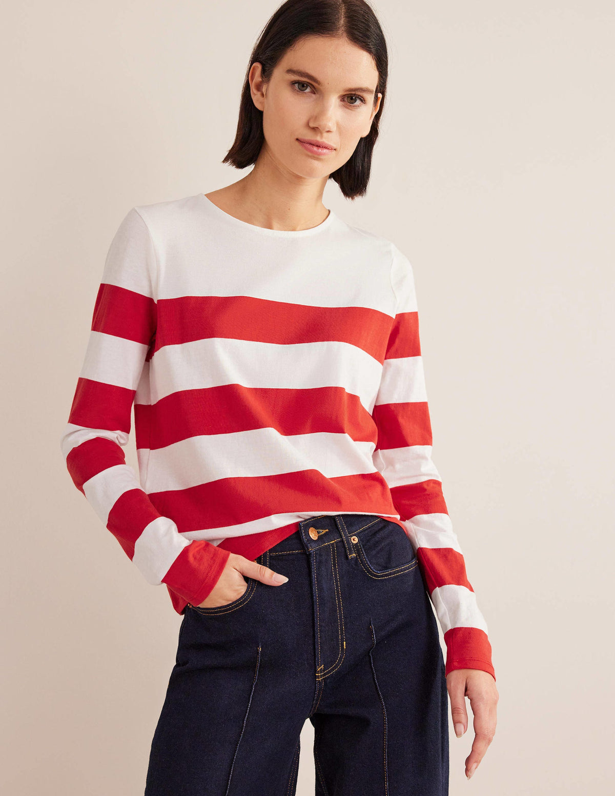 Bea Long Sleeve Breton-Red and Ivory, Wide Stripe - Image 4