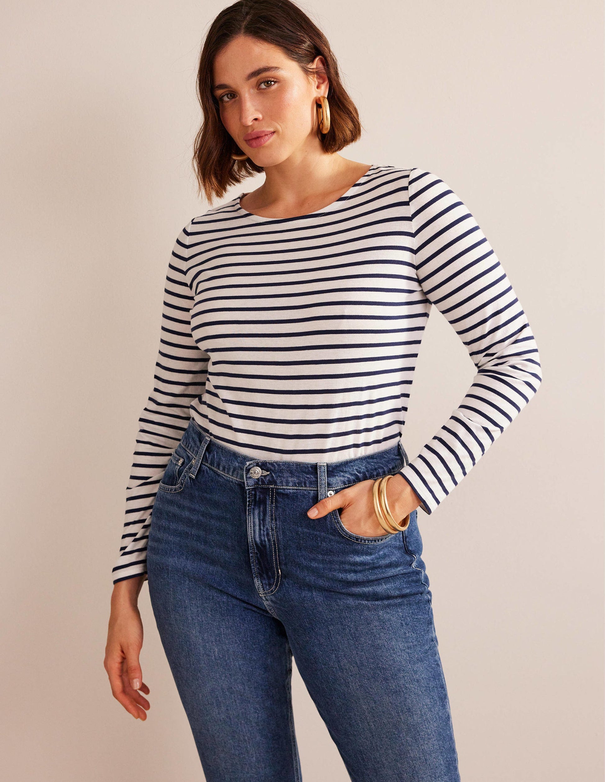 Ella Long Sleeve Breton-Ivory, Navy-5