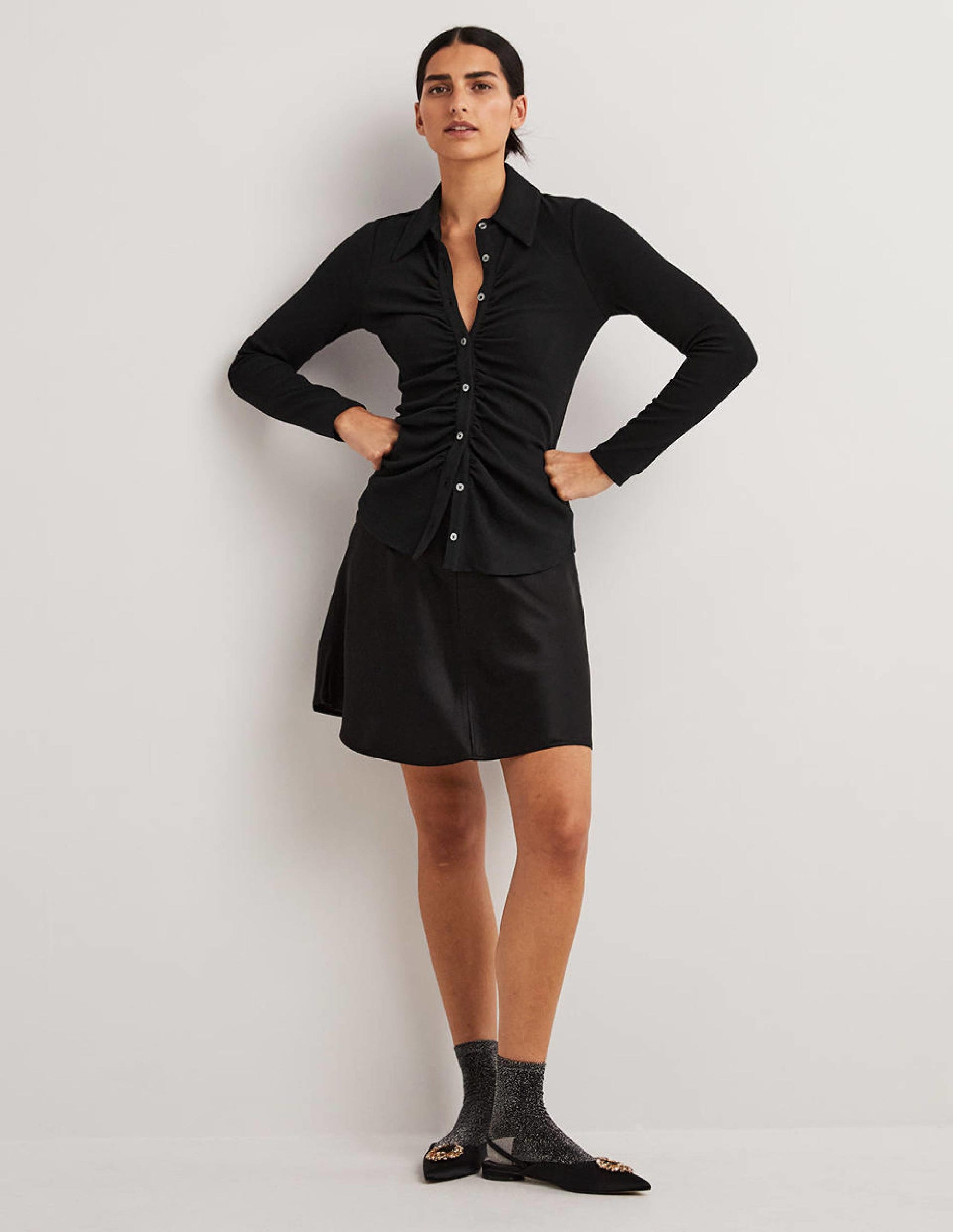 Ruched Front Jersey Shirt-Black-6