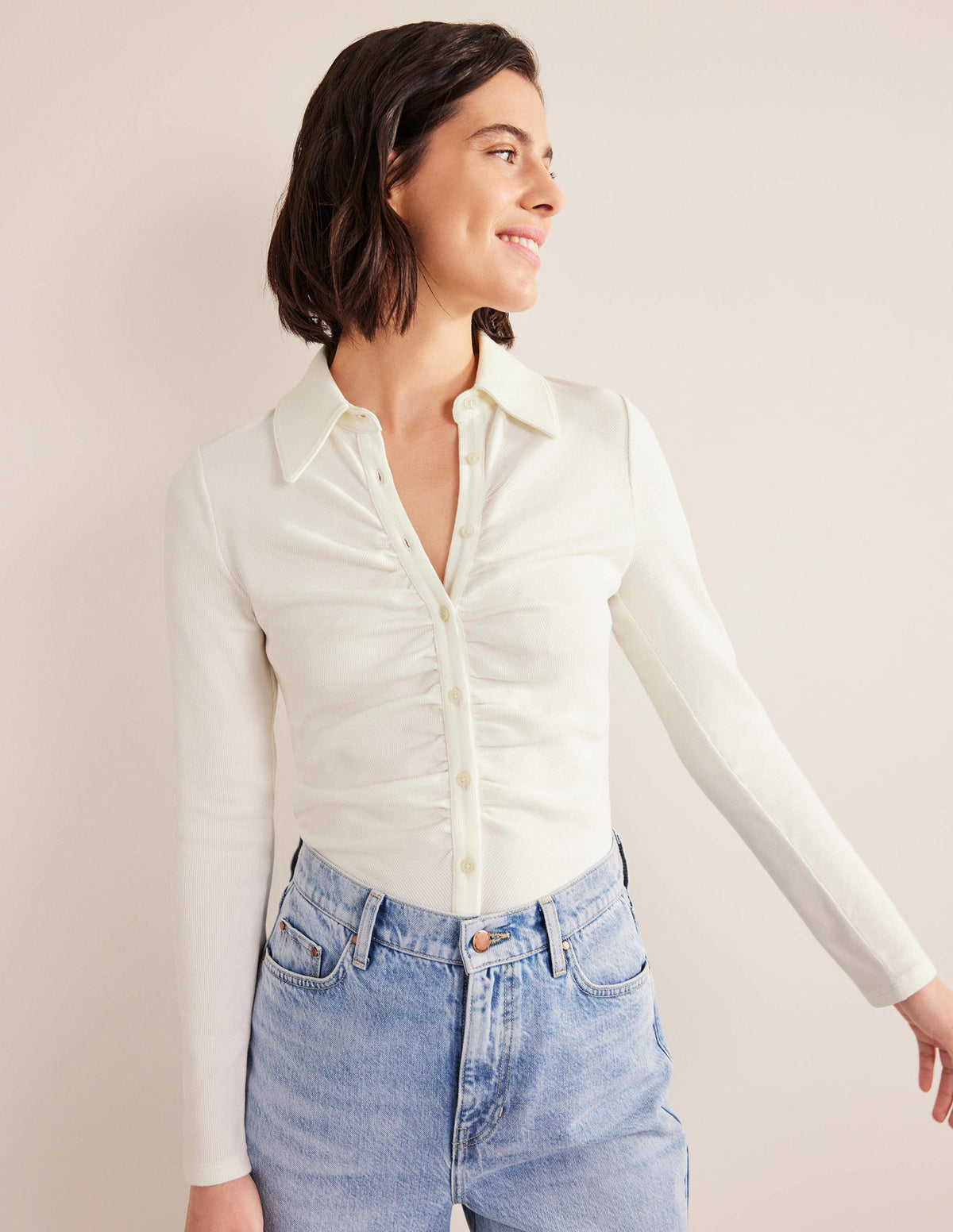 Ruched Front Jersey Shirt-Ivory - Image 1