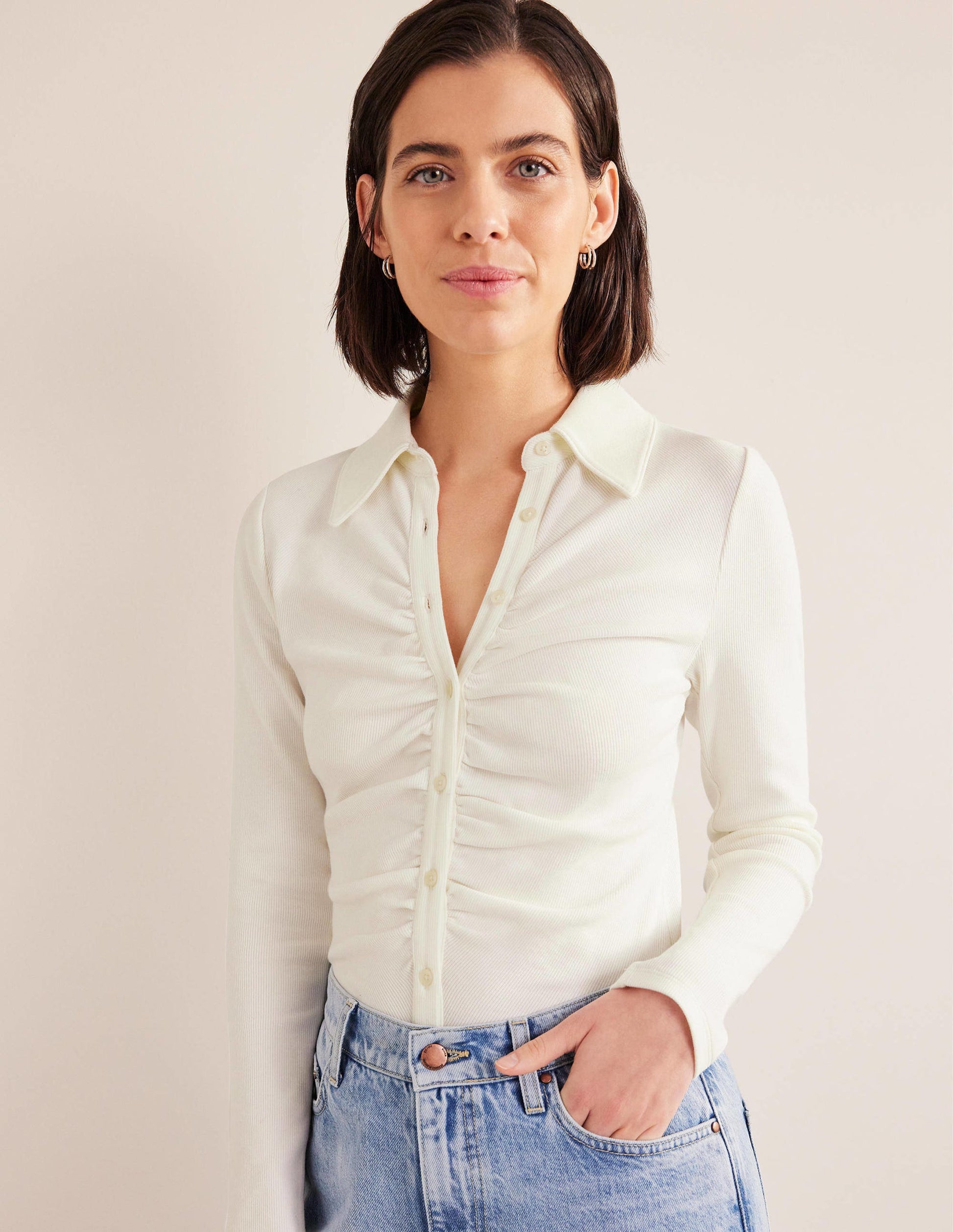 Ruched Front Jersey Shirt-Ivory-4