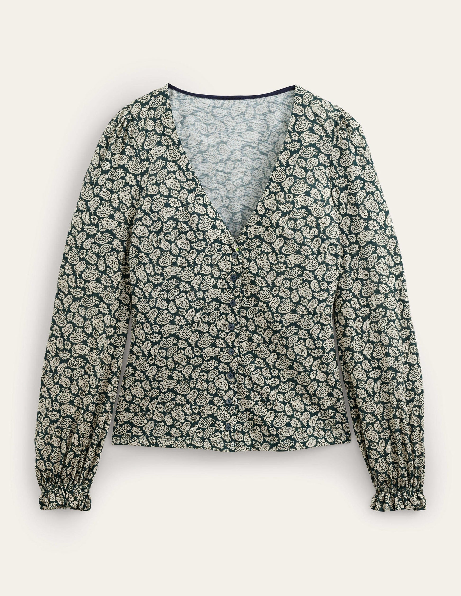 Button Front V-Neck Top-Cavelo Nero, Paisley Pop-5