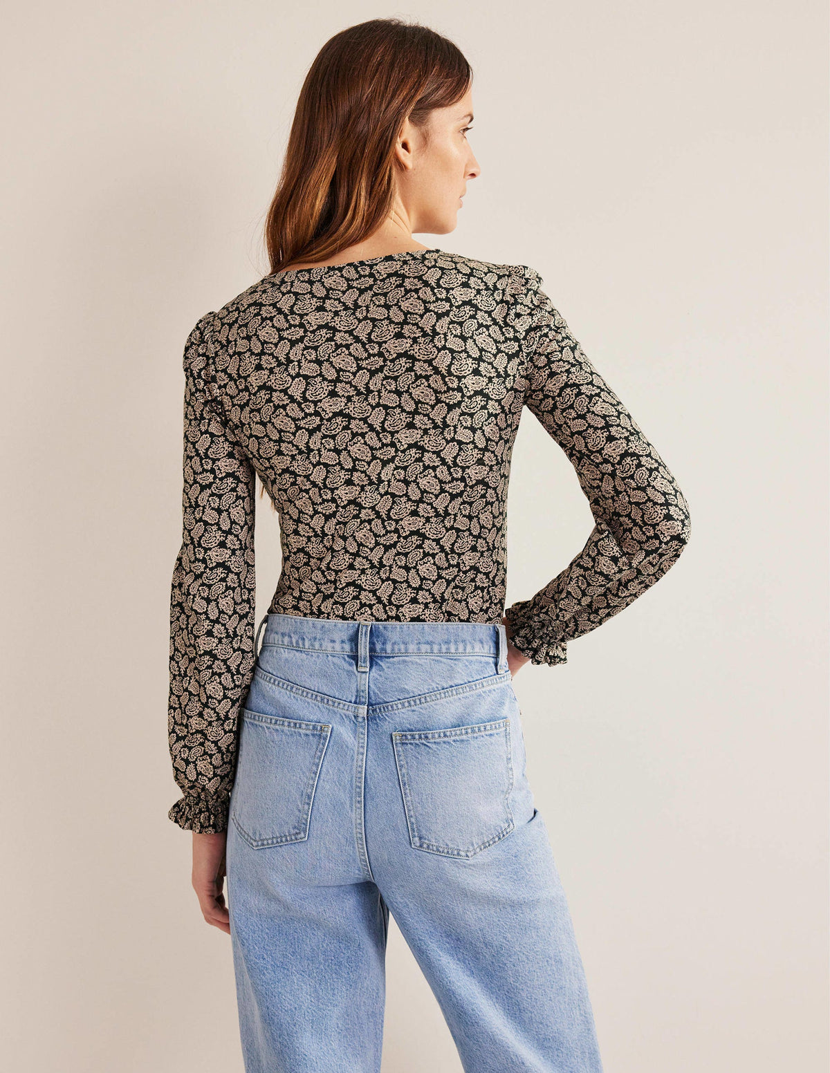 Button Front V-Neck Top-Cavelo Nero, Paisley Pop-3