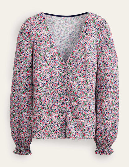 Button Front V-Neck Top-Multi, Petal Toile-5