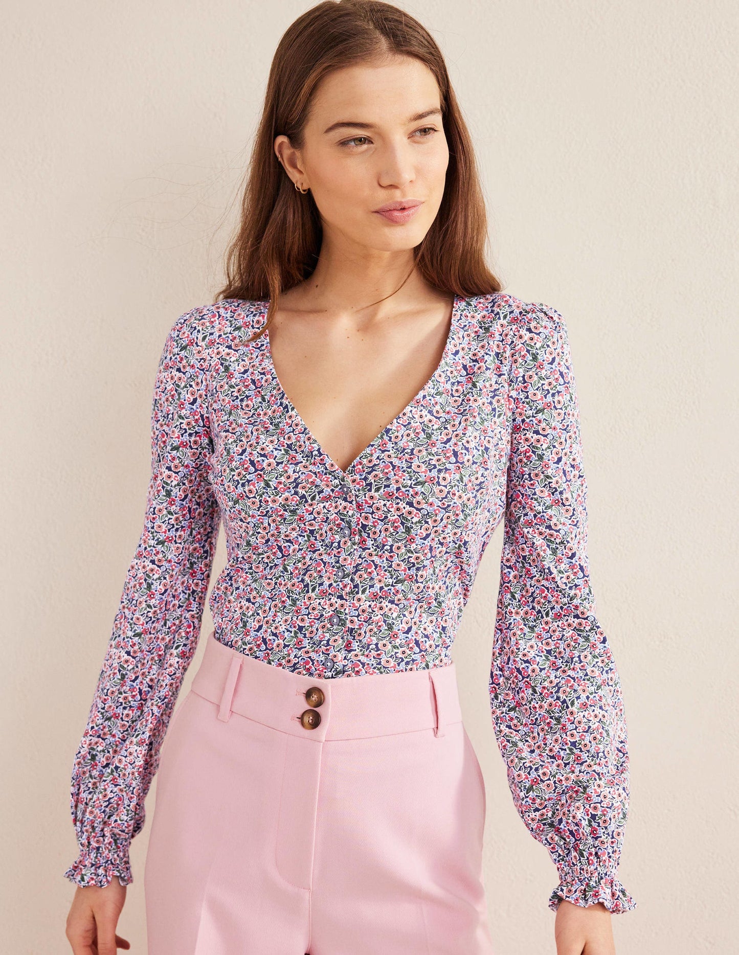 Button Front V-Neck Top-Multi, Petal Toile