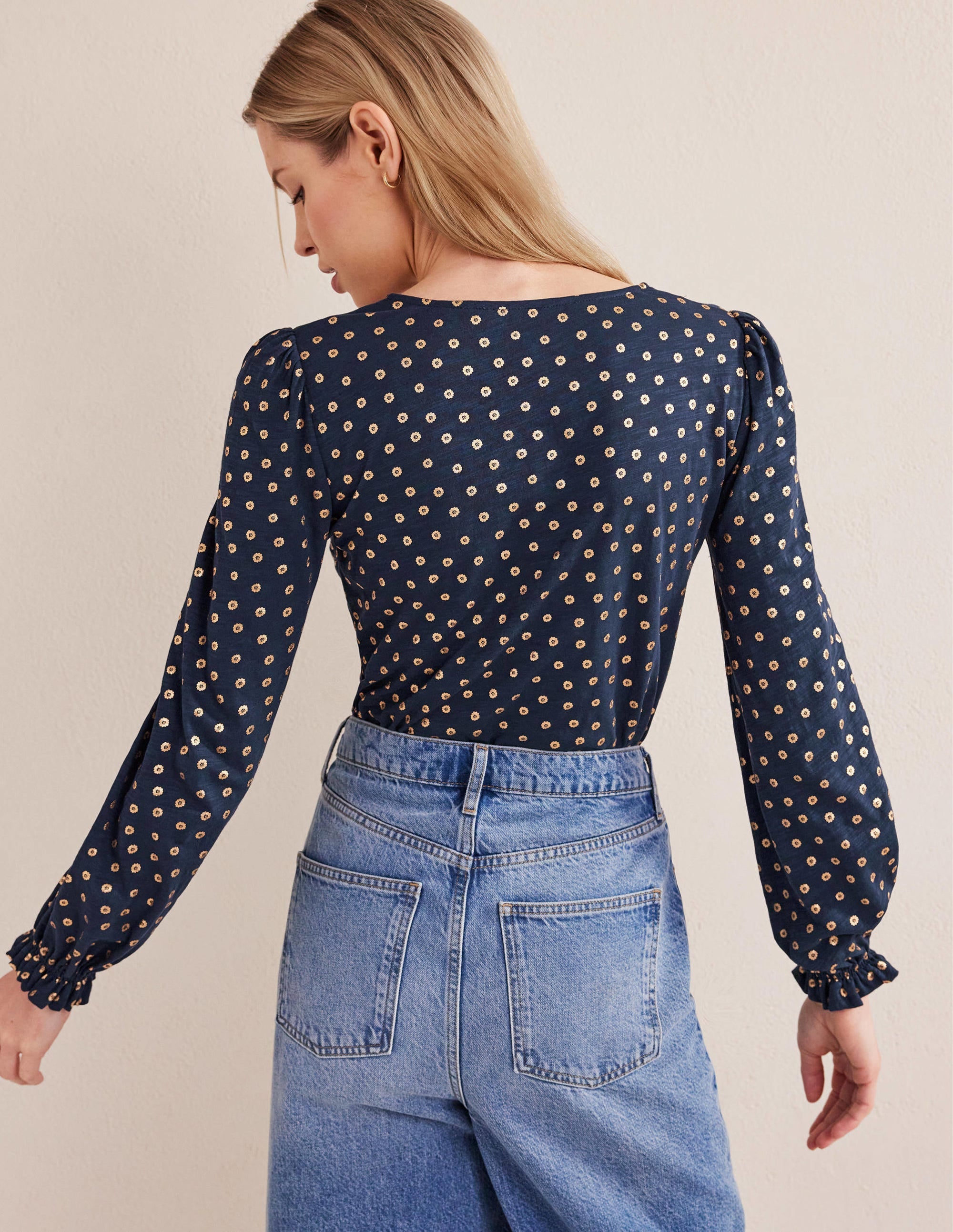 Button Front V-Neck Top-French Navy, Floral Dot - Image 3