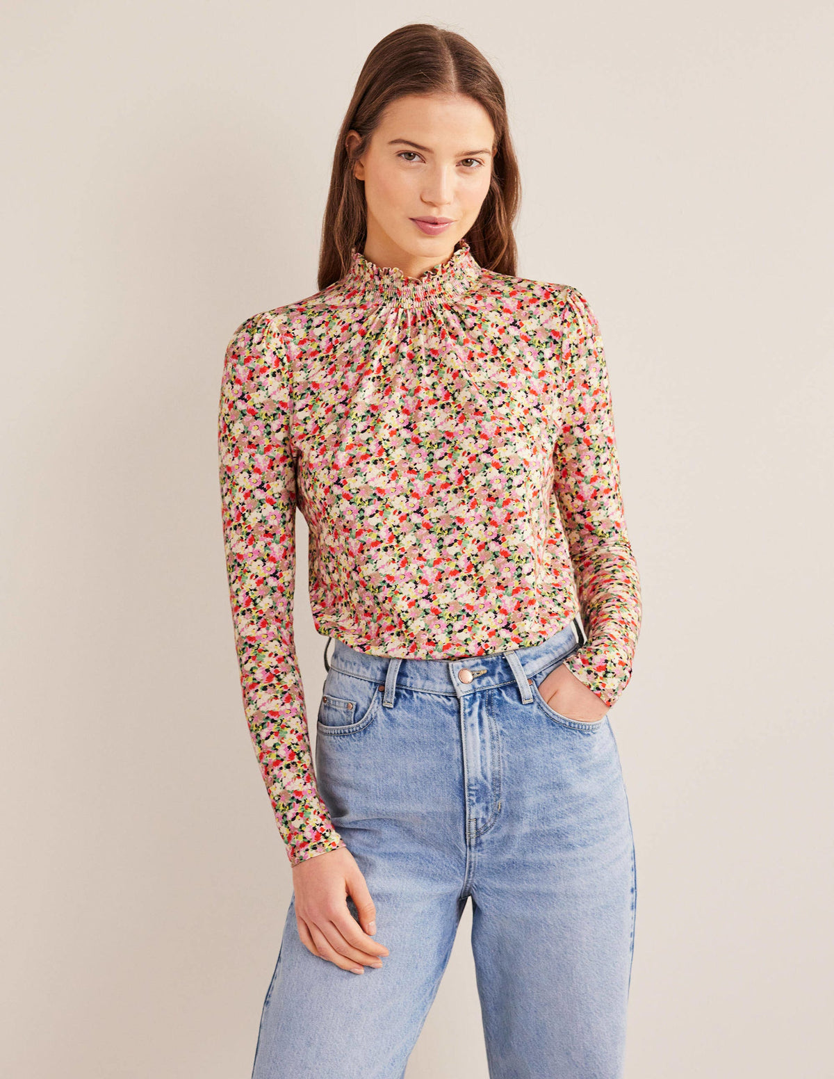 Smocked Neck Printed Top-Multi, Floral - Image 1