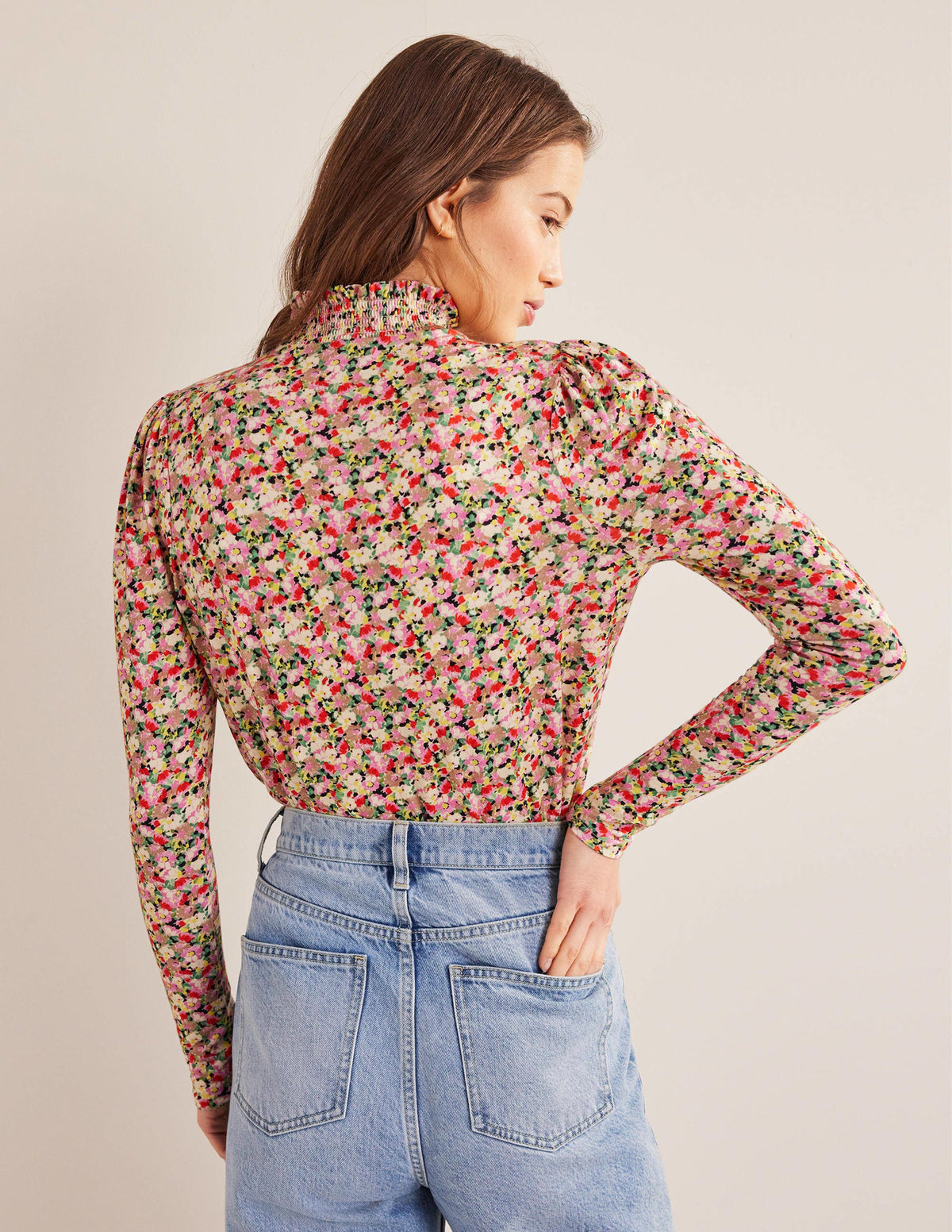 Smocked Neck Printed Top-Multi, Floral - Image 3
