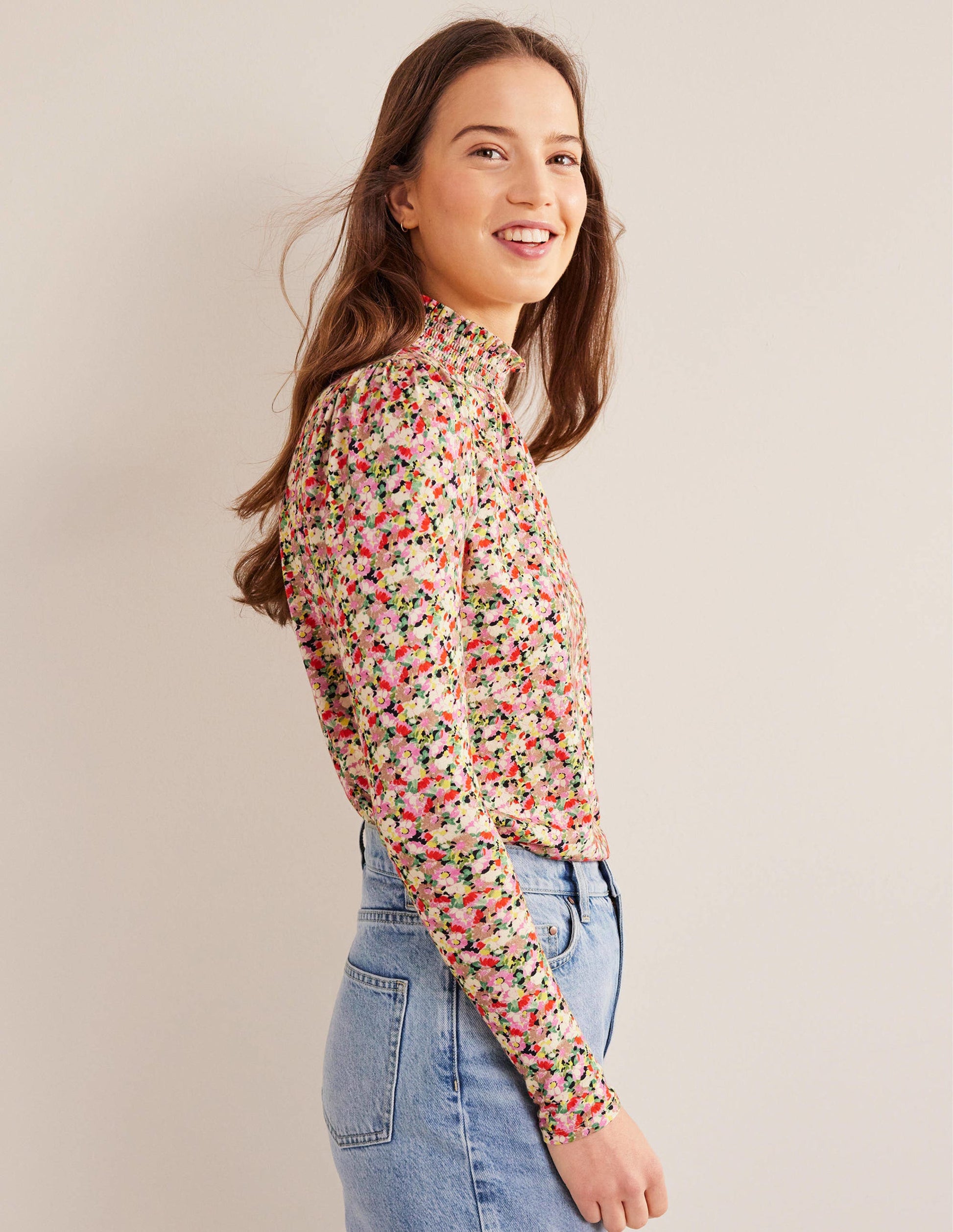 Smocked Neck Printed Top-Multi, Floral-4