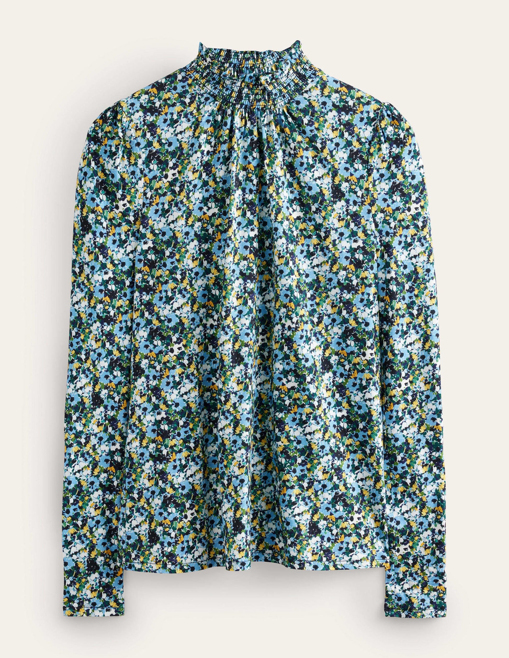 Smocked Neck Printed Top-Navy, Floral-5