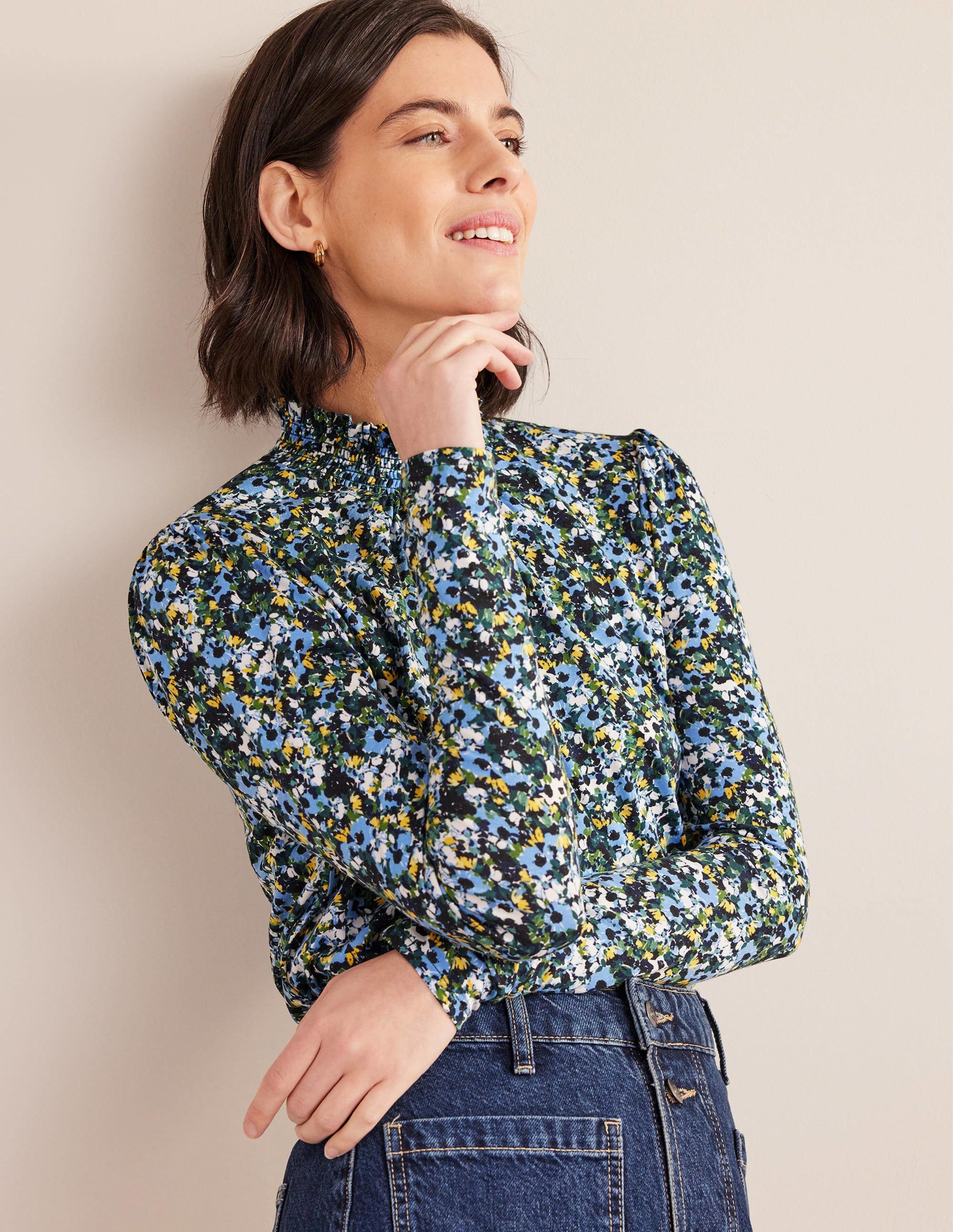 Smocked Neck Printed Top-Navy, Floral - Image 1