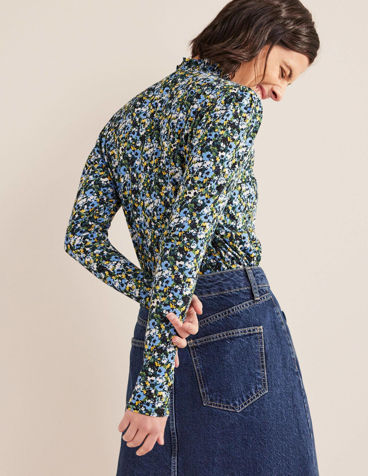 Smocked Neck Printed Top-Navy, Floral-3