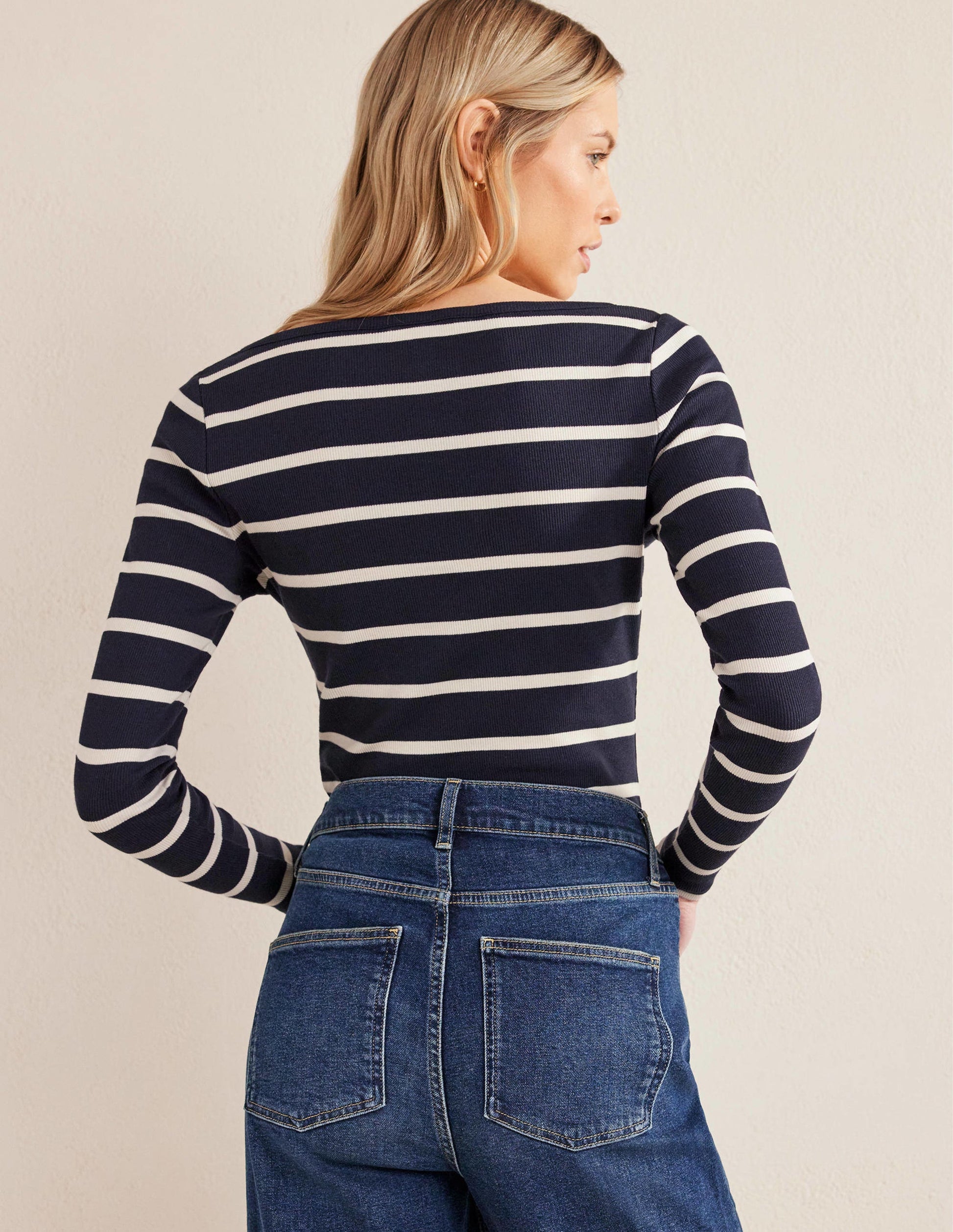 Henley Ribbed Top-Navy, Ivory-3