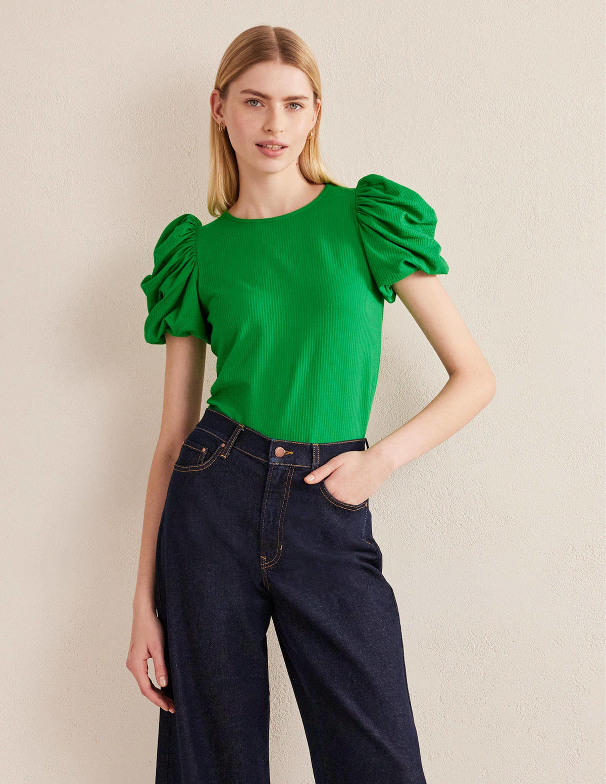 Puff Sleeve Jersey Top-Green Bee-1