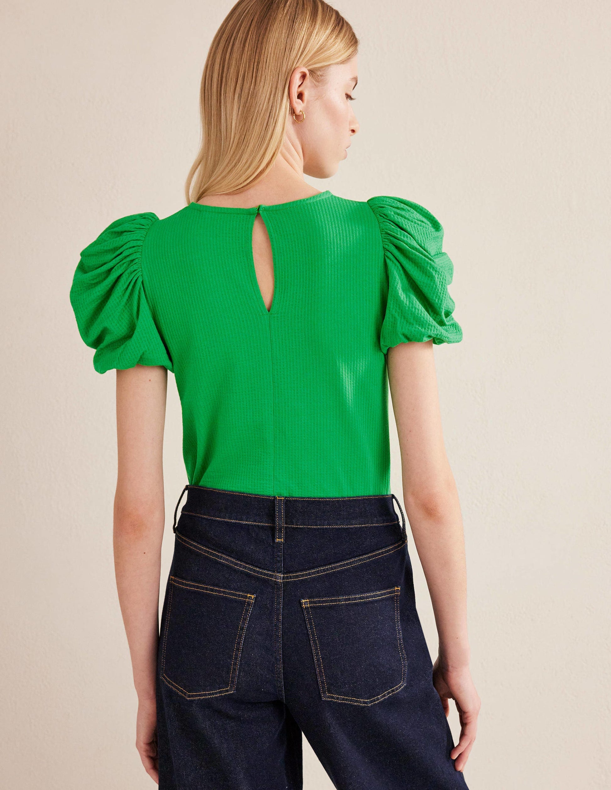 Puff Sleeve Jersey Top-Green Bee-3