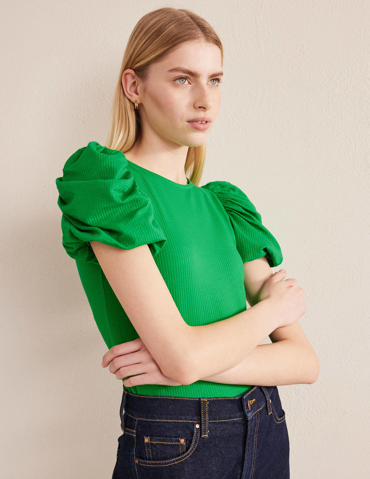 Puff Sleeve Jersey Top-Green Bee - Image 4