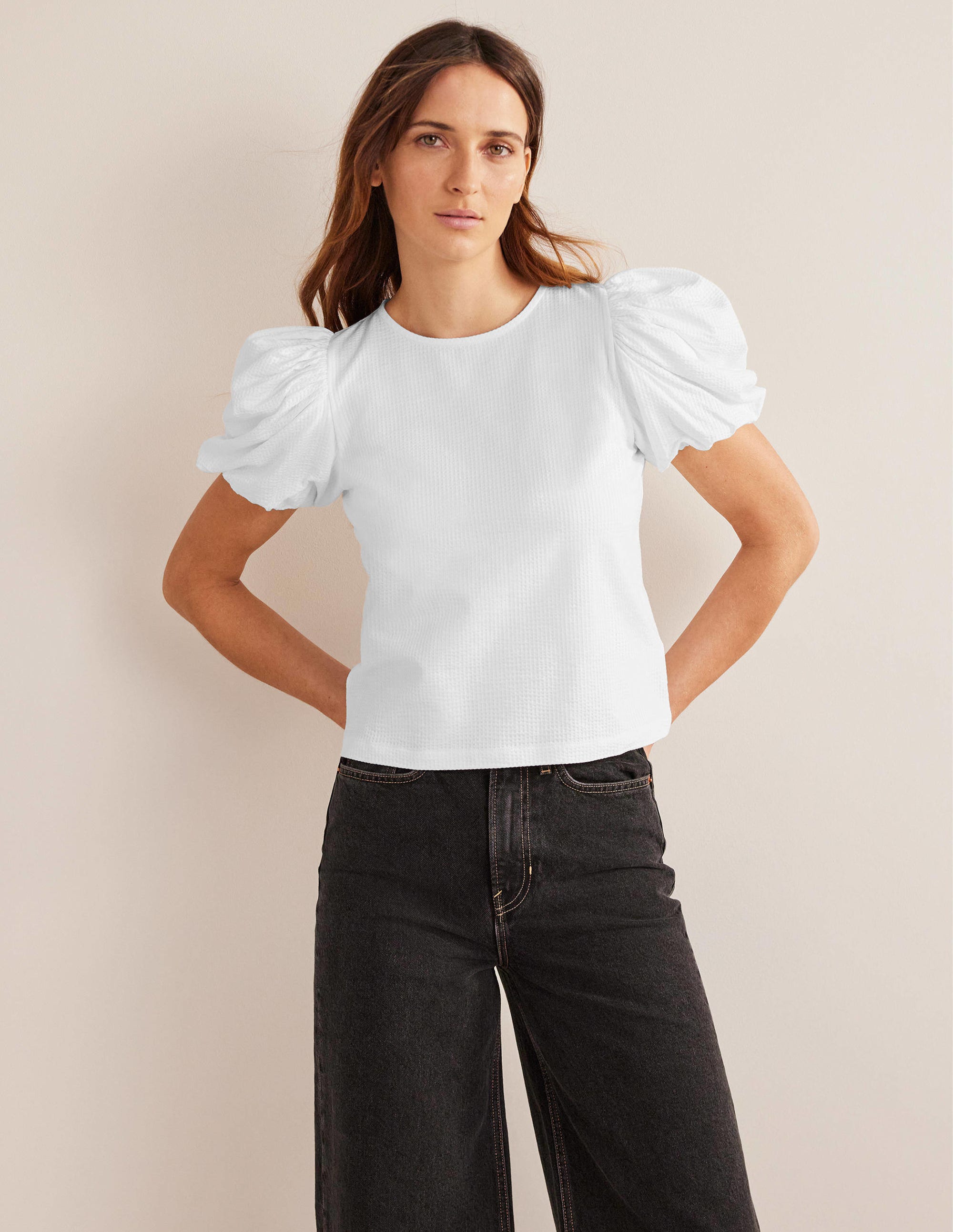 Puff Sleeve Jersey Top-White - Image 1