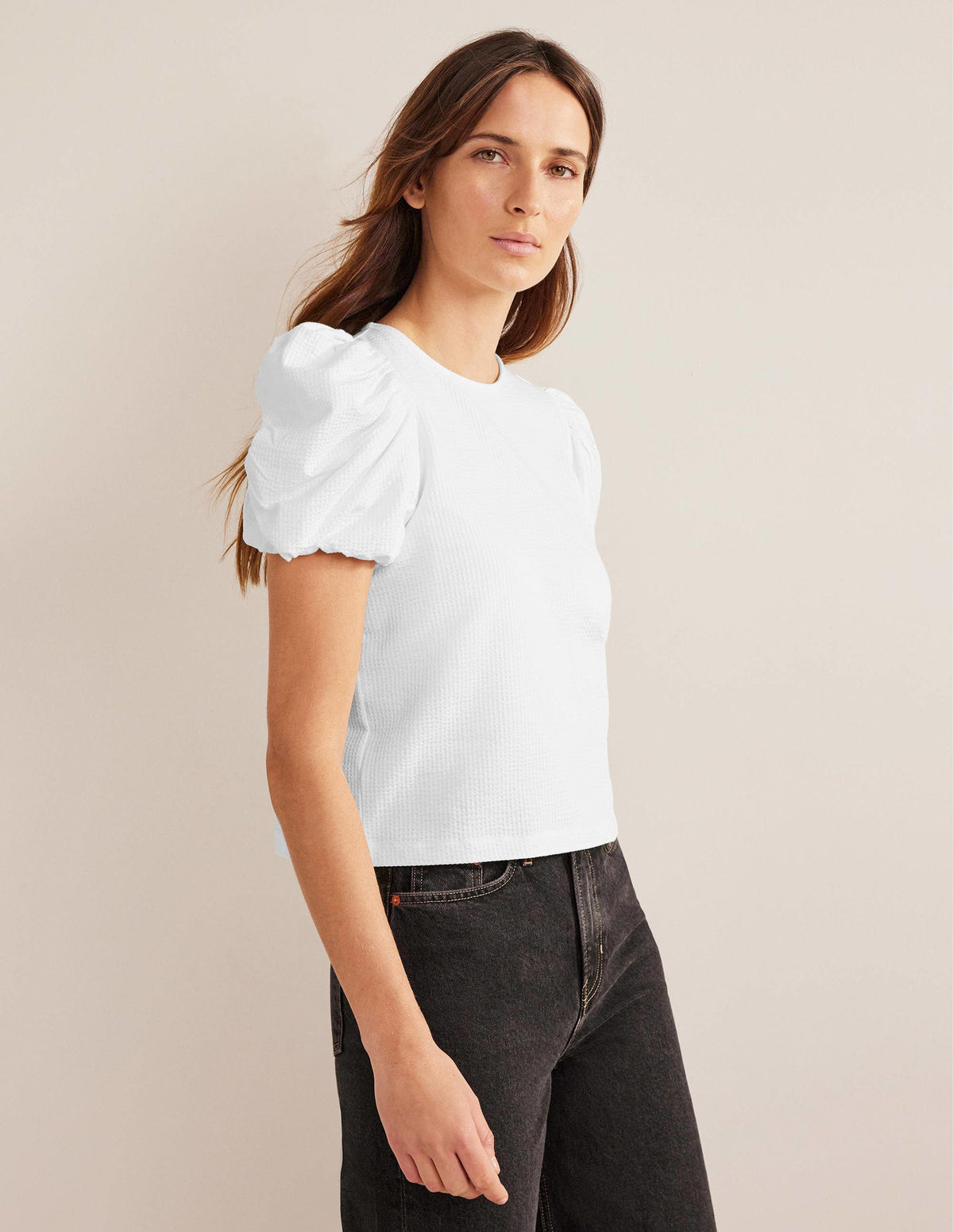 Puff Sleeve Jersey Top-White - Image 4