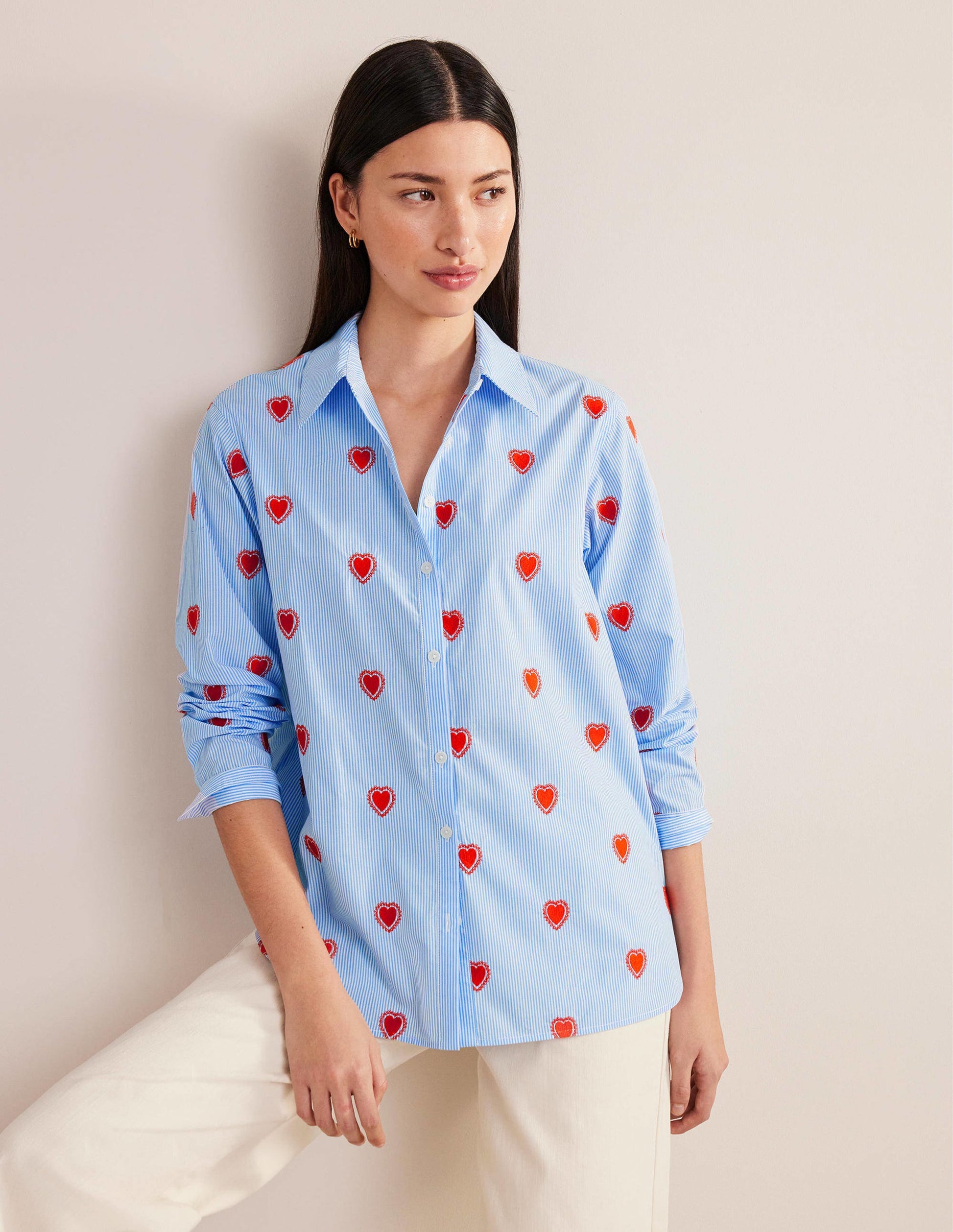 Embroidered Relaxed Shirt-Heart, Ticking Stripe-1