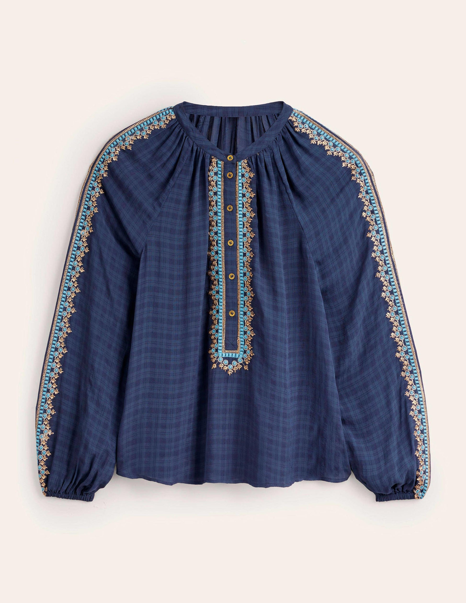 Embroidered Popover Blouse-Navy-5