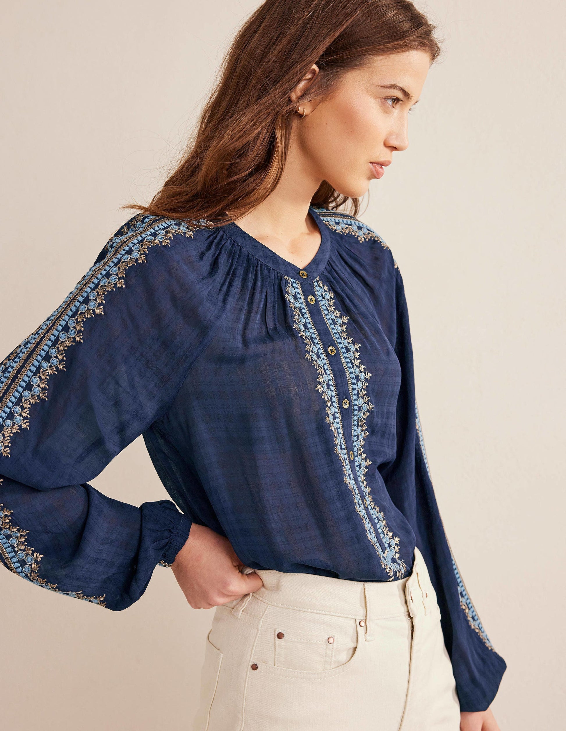 Embroidered Popover Blouse-Navy-1