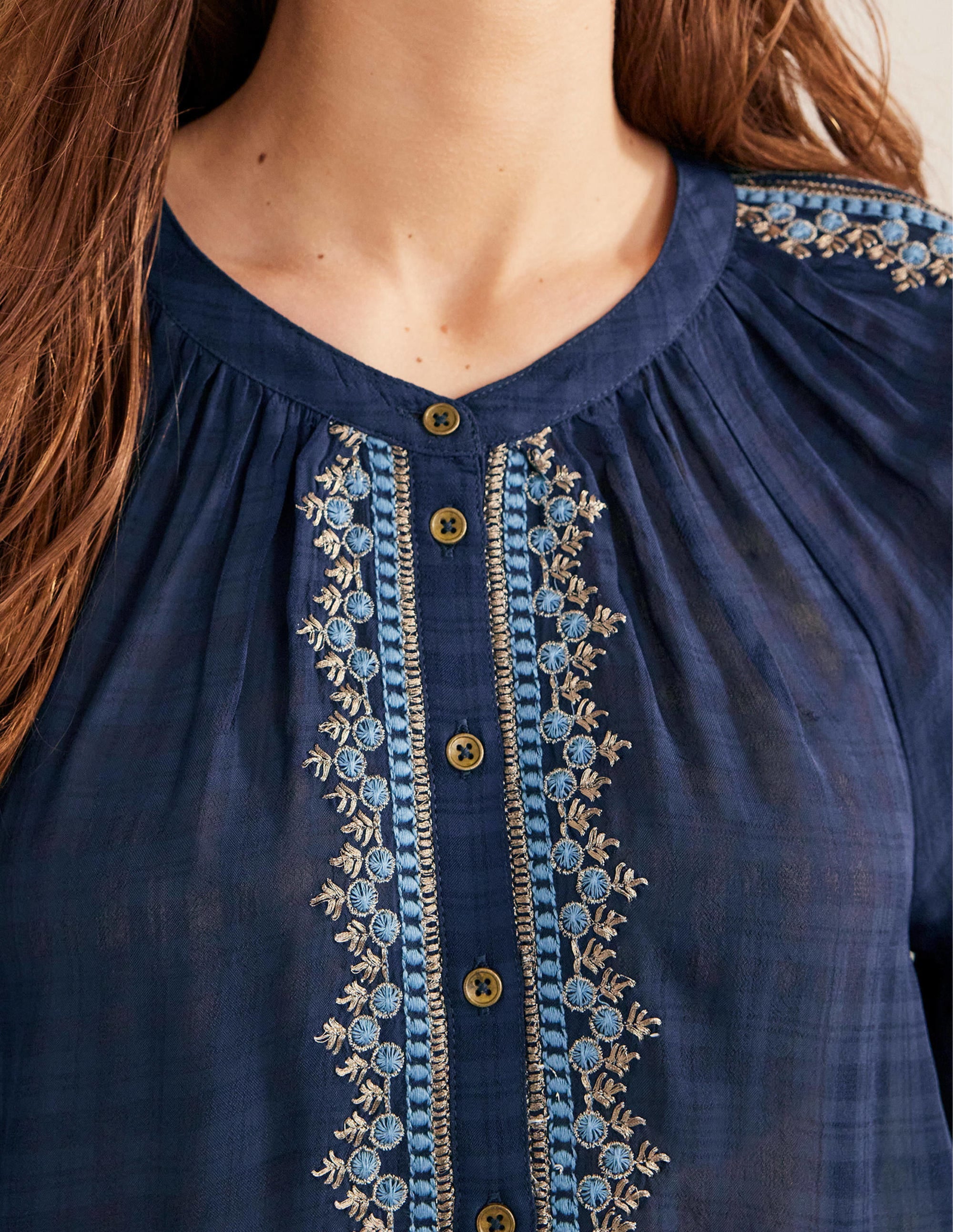 Embroidered Popover Blouse-Navy - Image 2