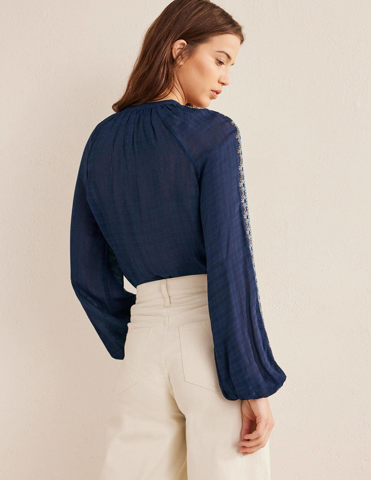 Embroidered Popover Blouse-Navy - Image 3