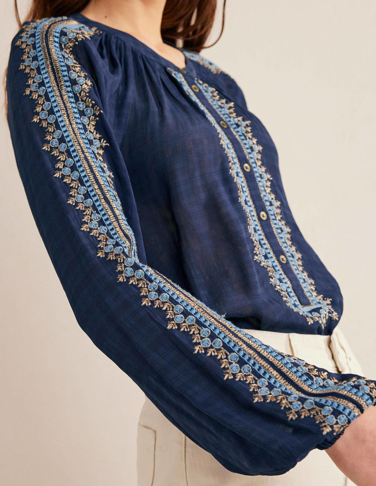 Embroidered Popover Blouse-Navy-4