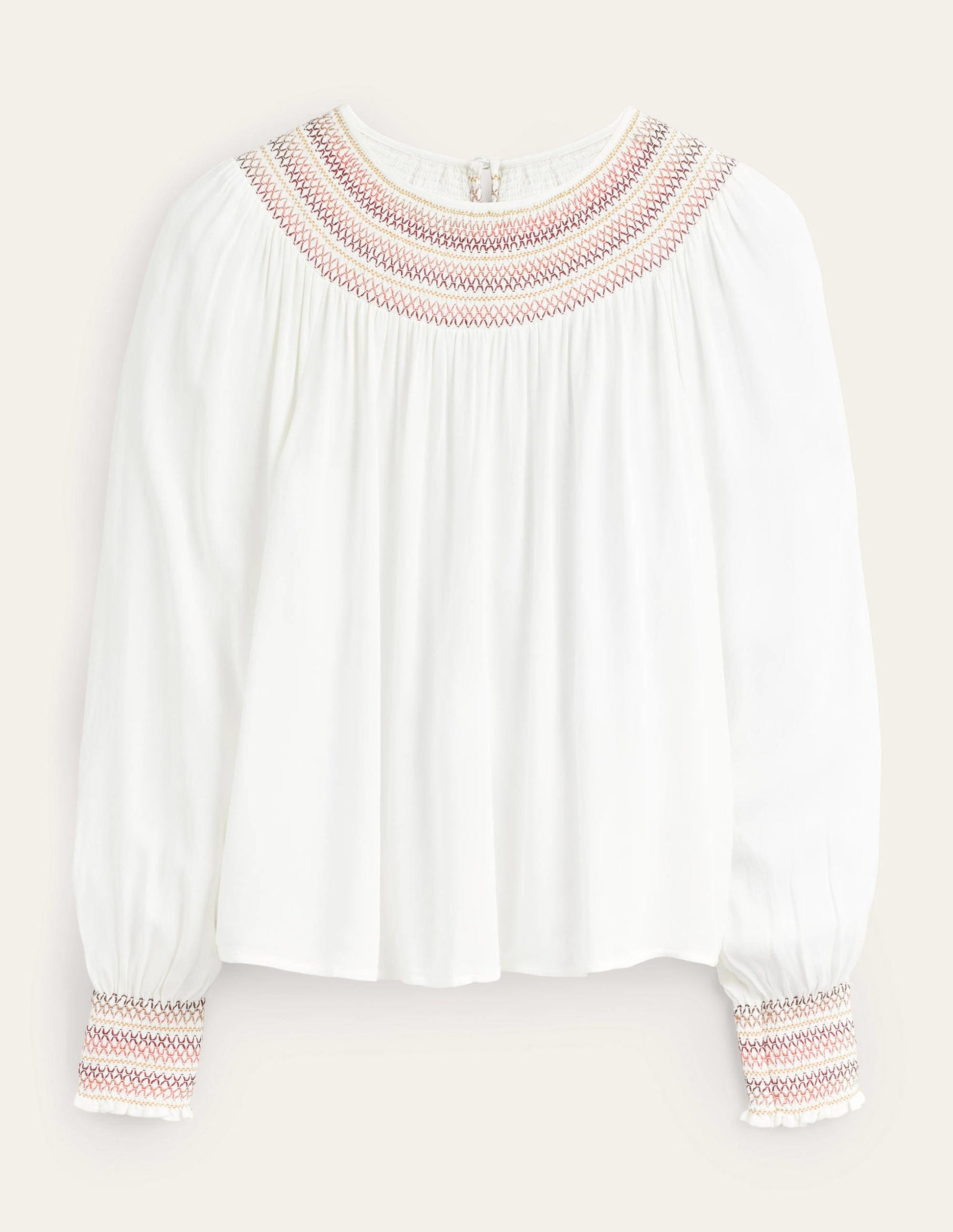 Smocked Crew Neck Top-Ivory-5