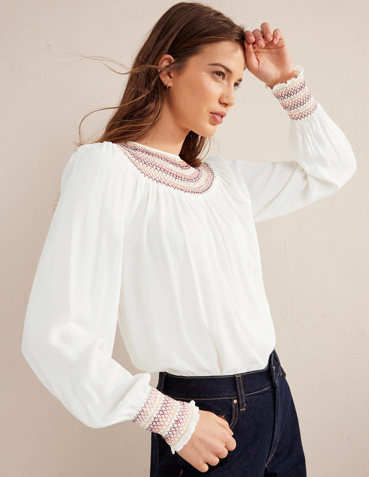 Smocked Crew Neck Top-Ivory - Image 1