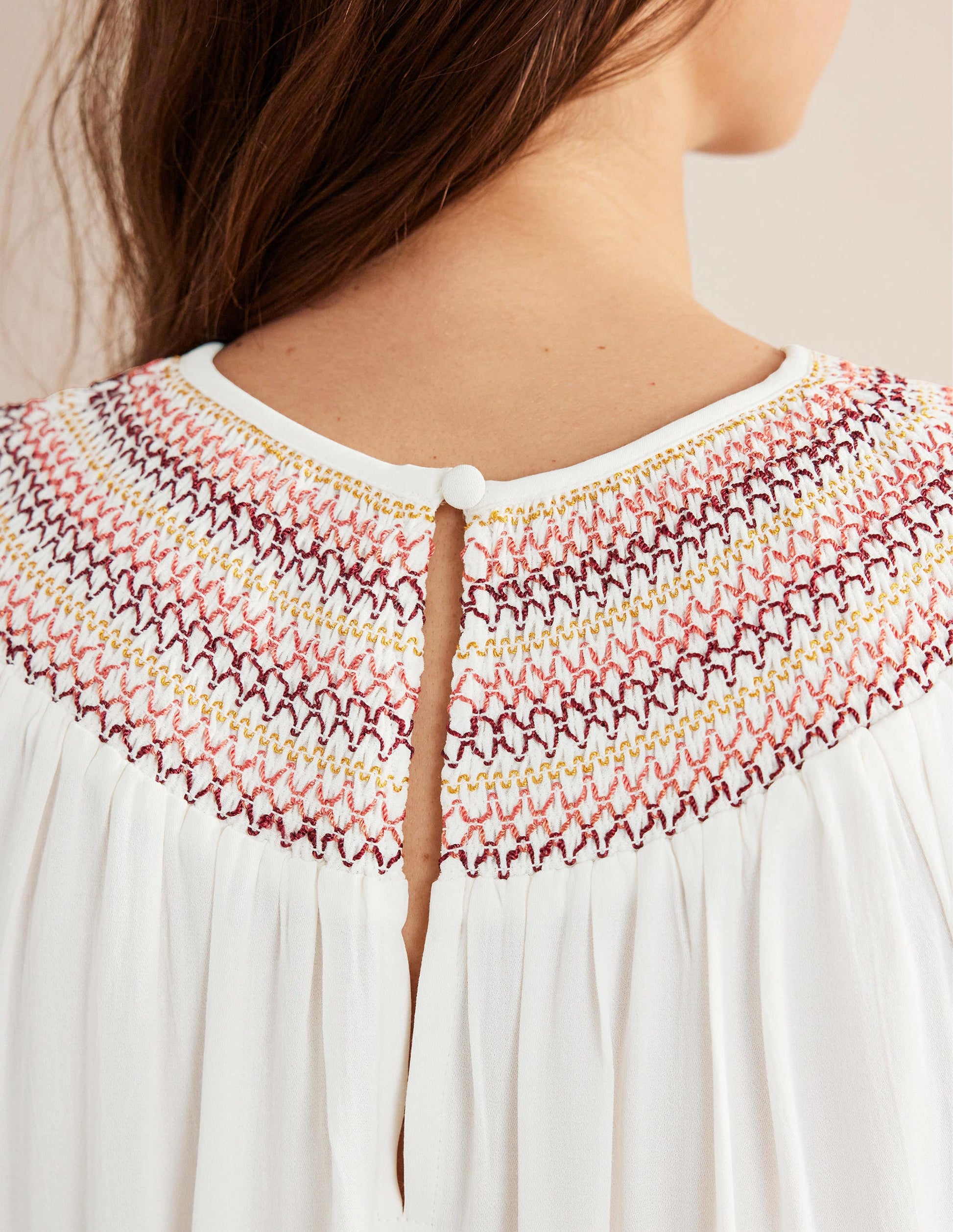Smocked Crew Neck Top-Ivory-2
