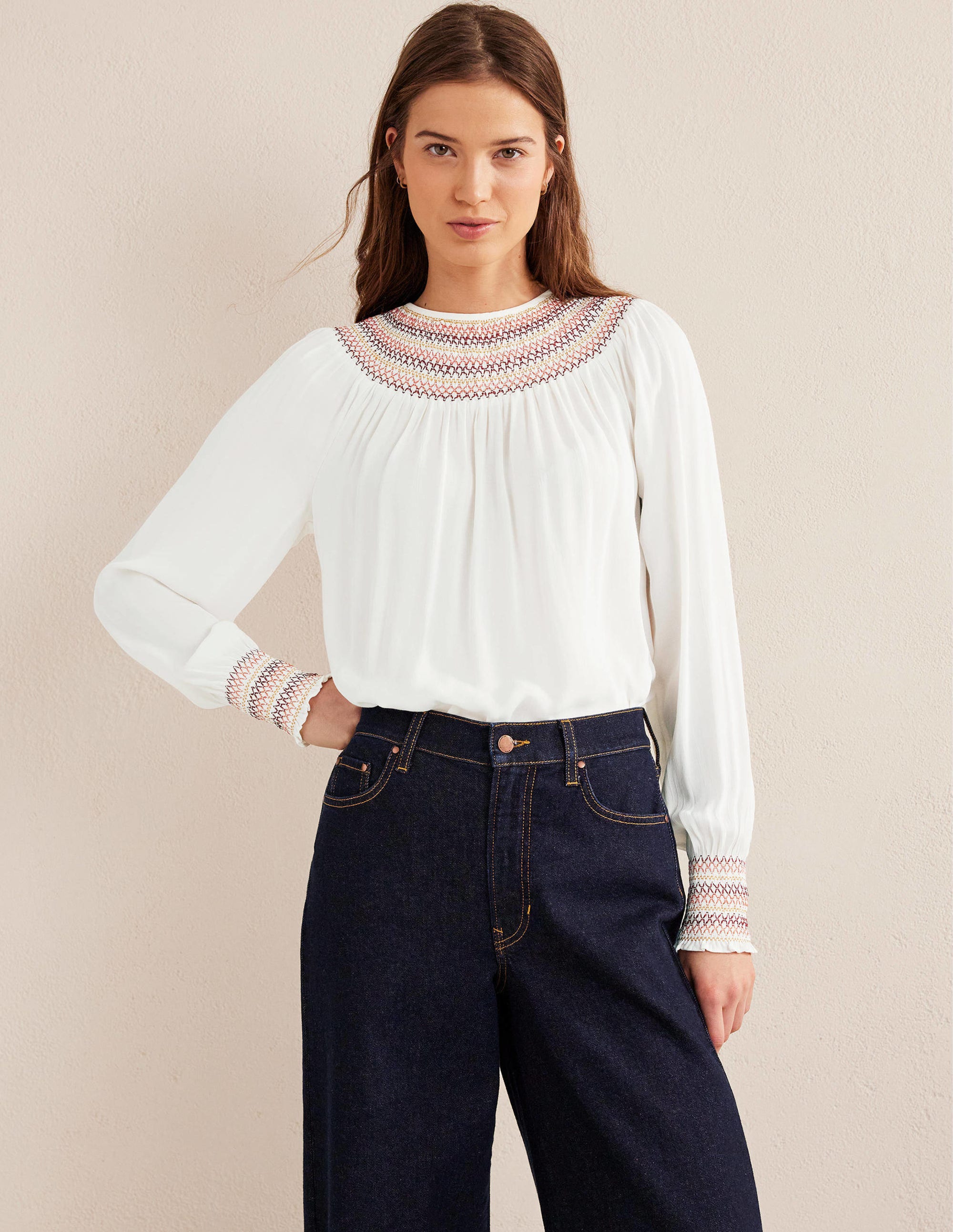 Smocked Crew Neck Top-Ivory - Image 4