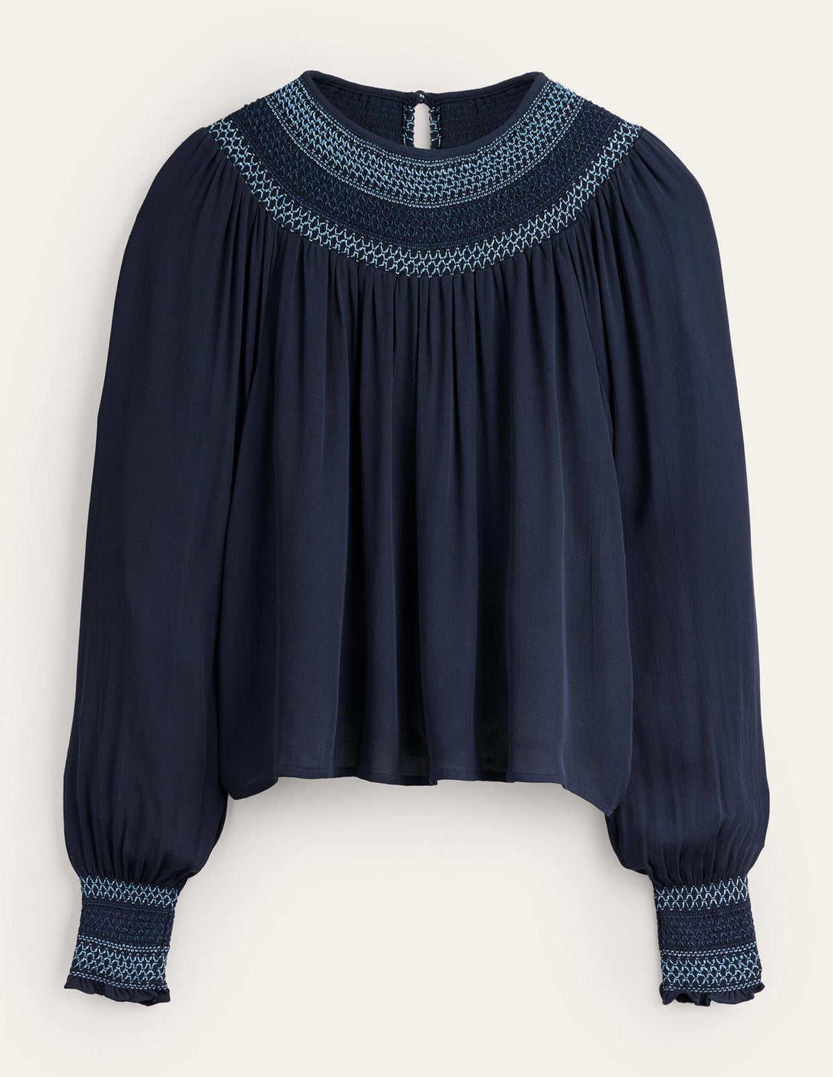 Smocked Crew Neck Top-Navy-5