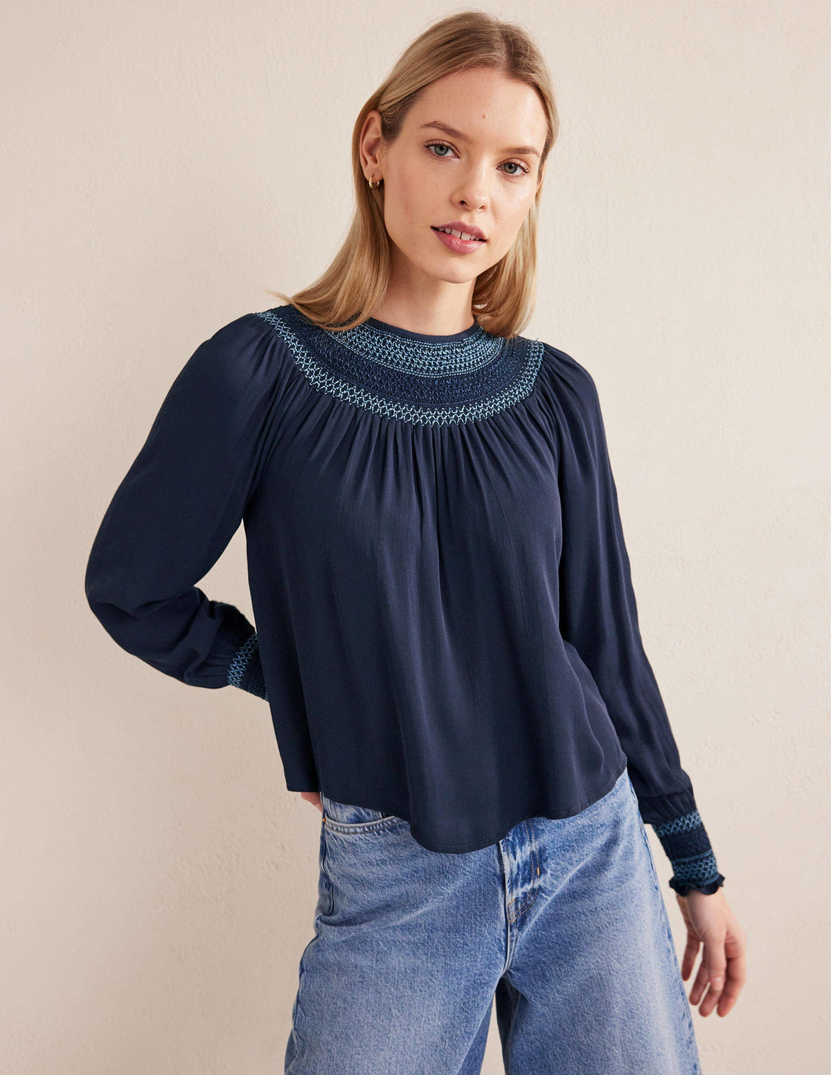 Smocked Crew Neck Top-Navy-1